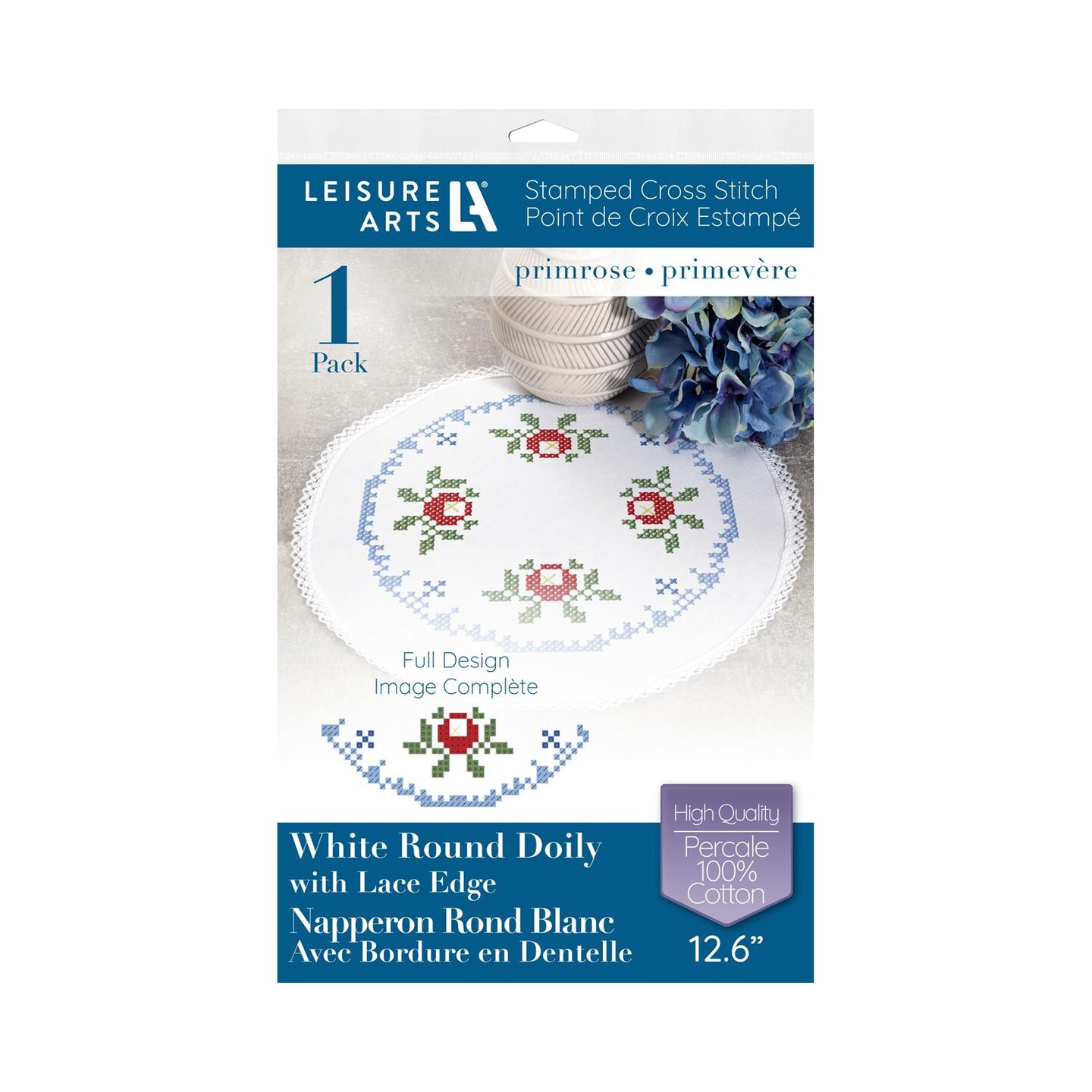 Leisure Arts Doily 12.6" Round Primrose, Cross Stitch Kits, Crossstitching Kits Adult, Stamped Cross Stitch Kits, Counted Stitch, Hand Embroidery Kit
