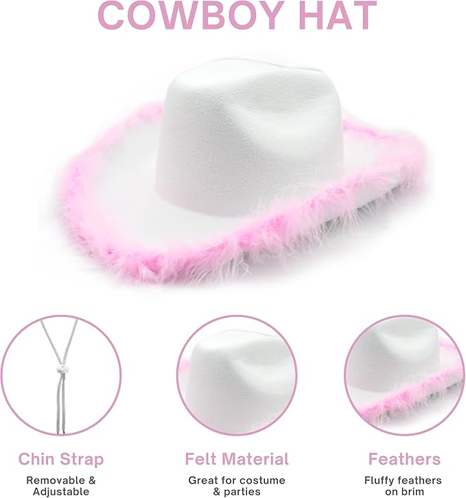 4E's Novelty Cowgirl Hat with Pink Feathers & Heart Shaped Sunglasses, Cowboy Hats for Women Costume Accessory