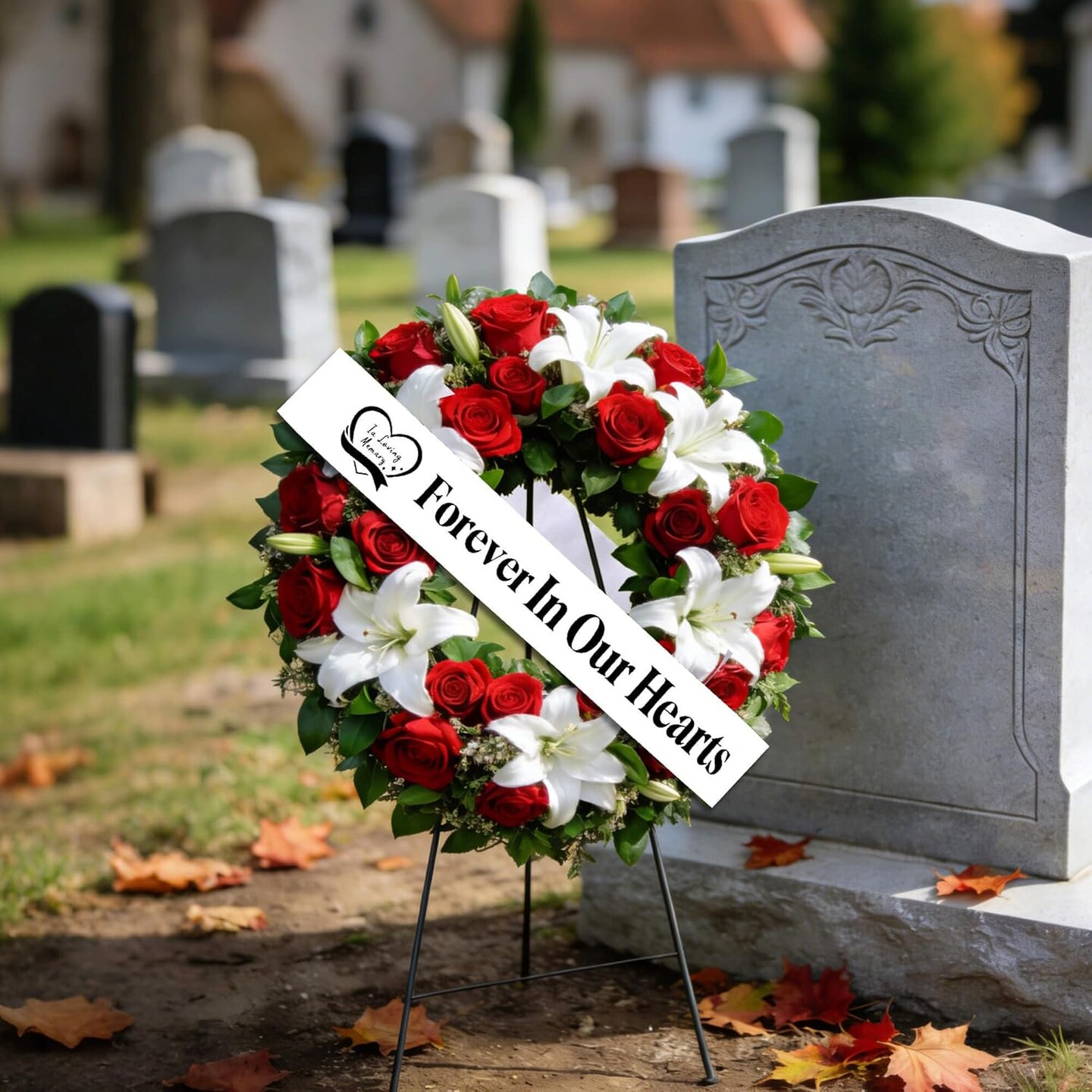 Elegant Funeral Wreath Sash – Funeral Sash Memorial Wreath Sash Funeral Ribbon Celebration,Forever in Our Hearts Memorial Ribbon for Graves & Wreaths (White)