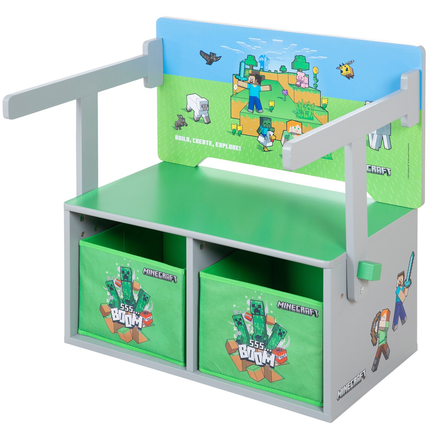 Minecraft: 2-In-1: Bench & Table - Wooden Chair Coverts From Seating To Play Desk, 2 Storage Cubes, Game Theme Furniture, Store-Sit-Play, Licensed