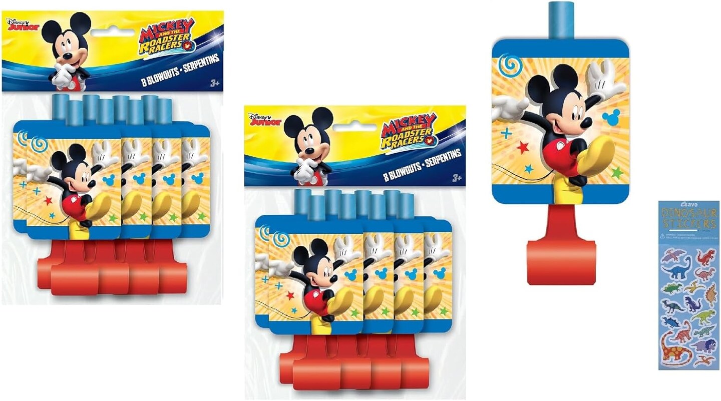 Party Supplies Bundle includes 16 Party Blowouts and 1 Dinosaur Sticker Sheet