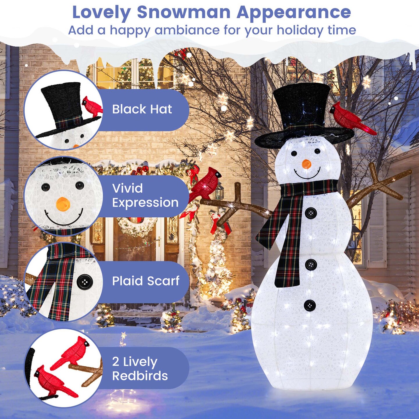 Costway 4.2 FT Pre-Lit Snowman & Redbirds Christmas Decoration with LED Lights Holiday