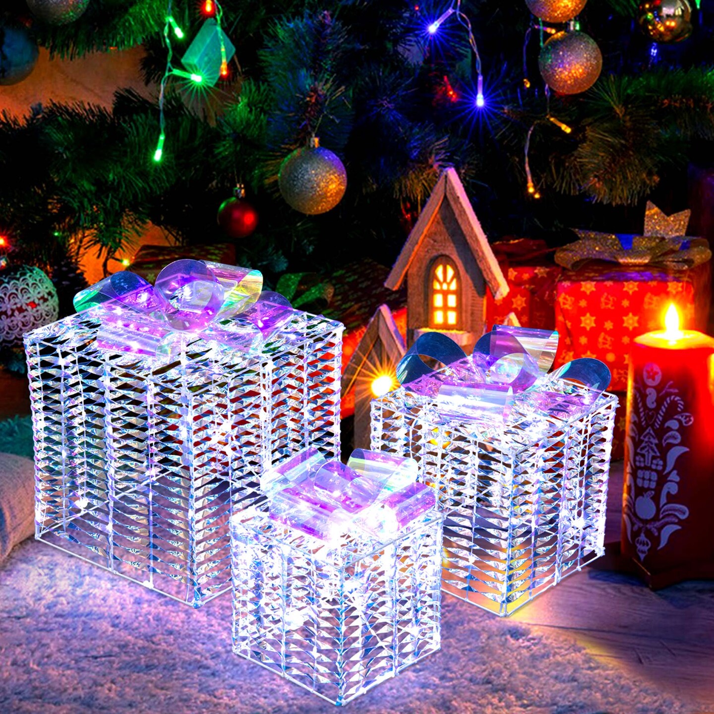 Costway Set of 3 Iridescent Christmas Gift Box LED Lighted Present Box Decoration Yard