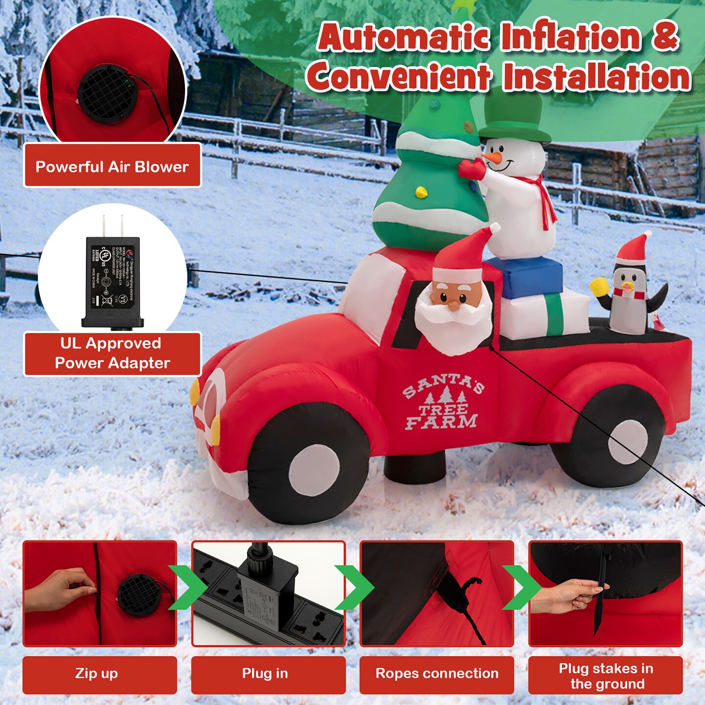 Costway 8FT Wide Inflatable Santa Claus Driving a Car w/ LEDs &#x26; Air Blower