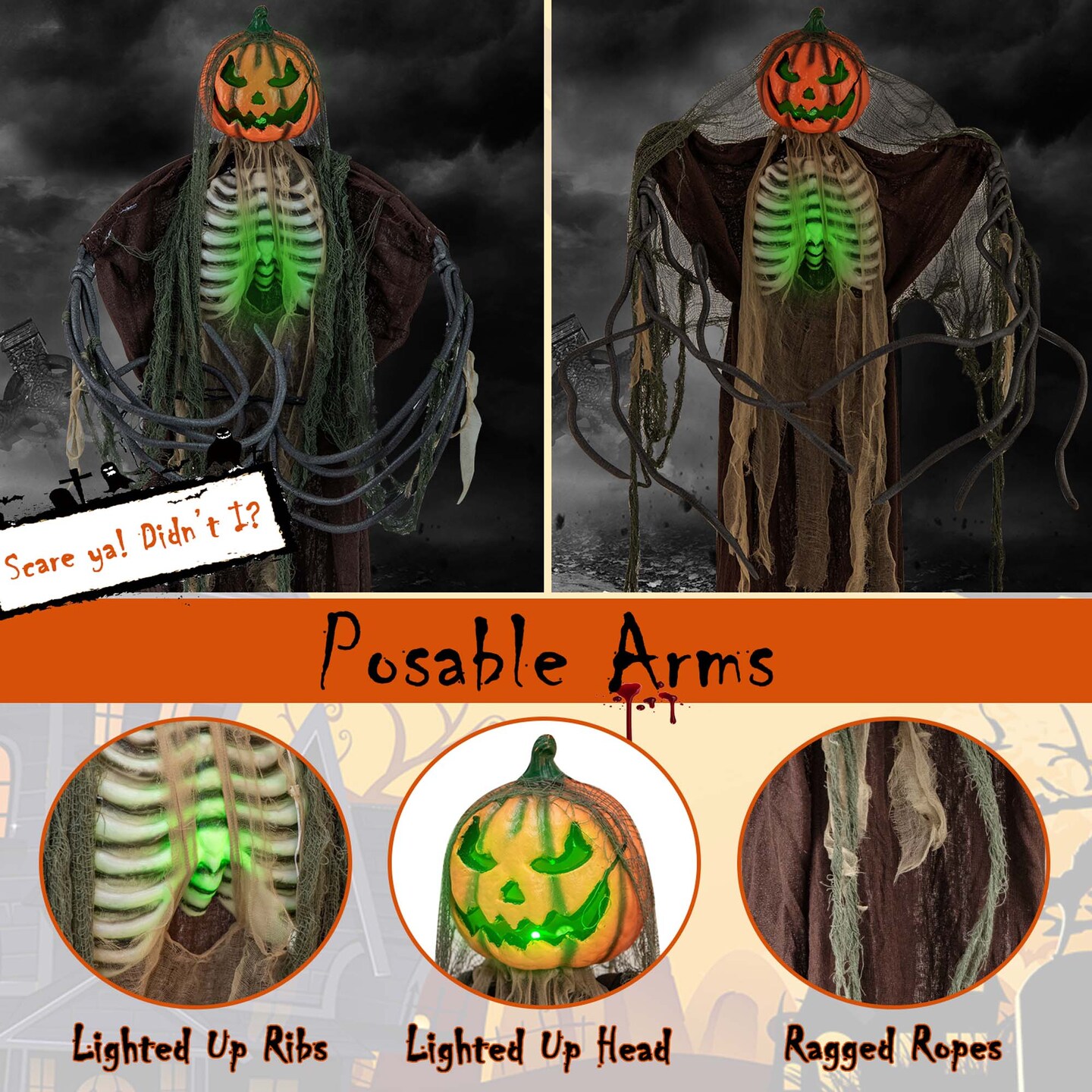 Costway 5.75ft Halloween Animatronics Decoration Talking Ghost Pumpkin with Glowing Ribs and Moving Head Sound & Touch Activated Standing Prop