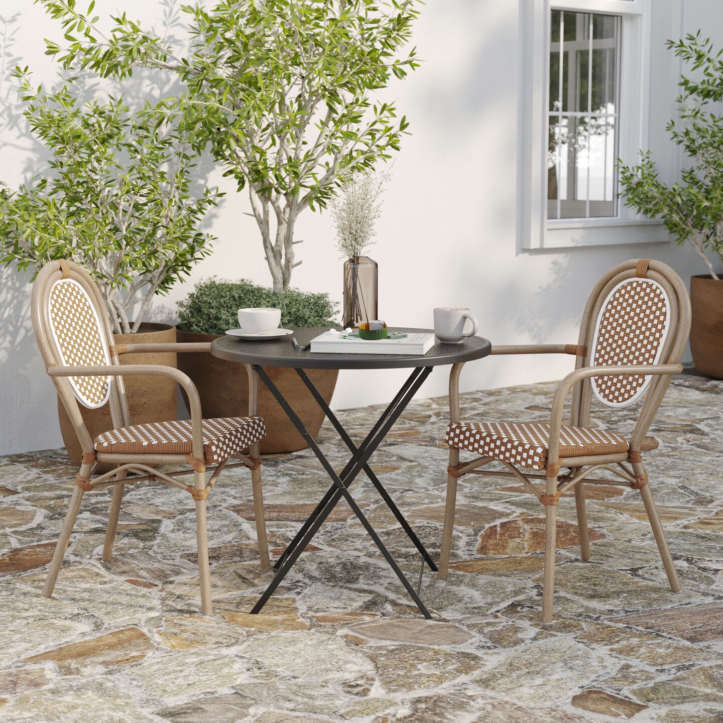 Merrick Lane Celia Set of Two Stacking Thonet Bistro Style Chair with Arms, PE Rattan Seat, and Metal Frame for Indoor/Outdoor Use