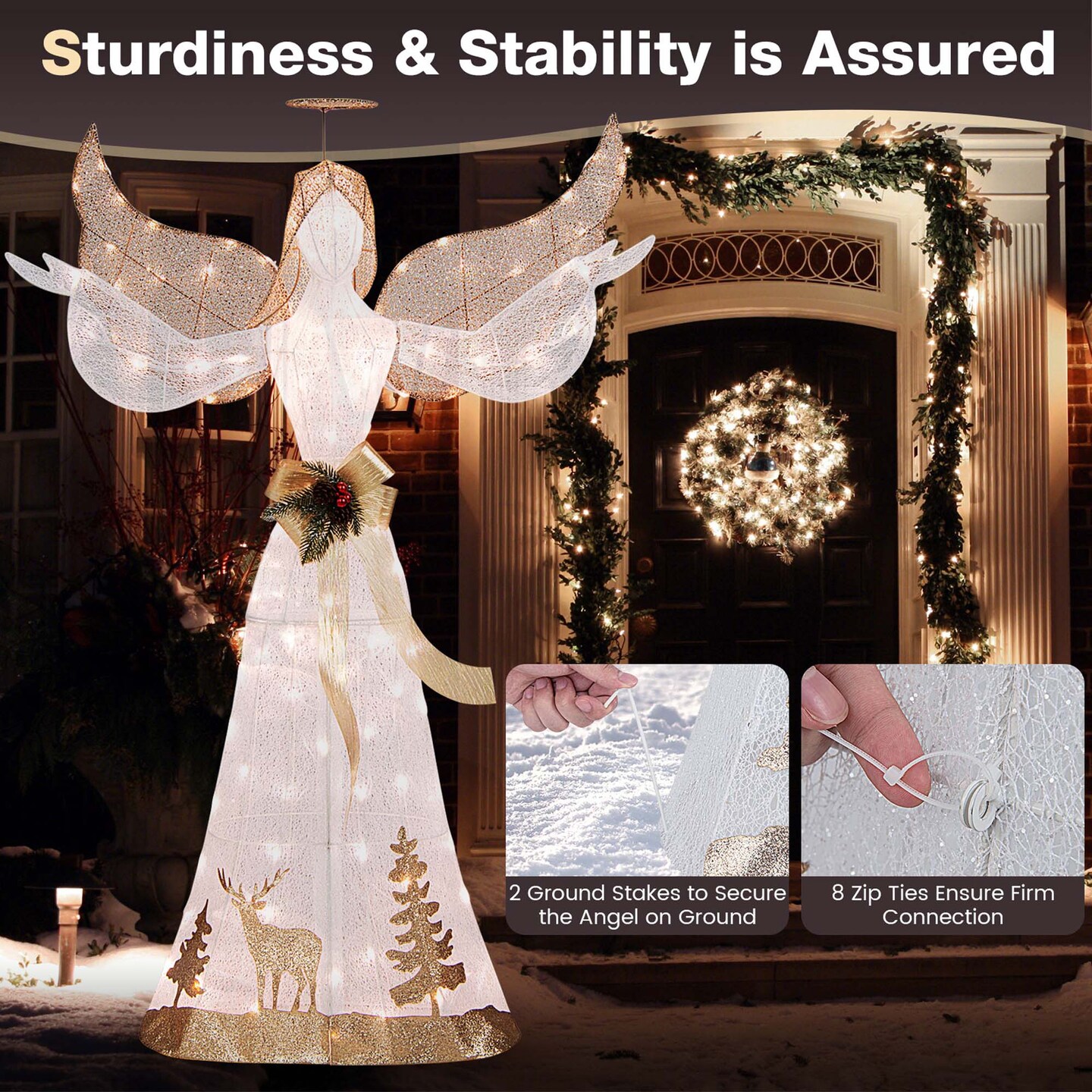 Costway 5 FT Pre-Lit Christmas Angel 3D Glittered Decoration with Halo Bow & 100 Lights