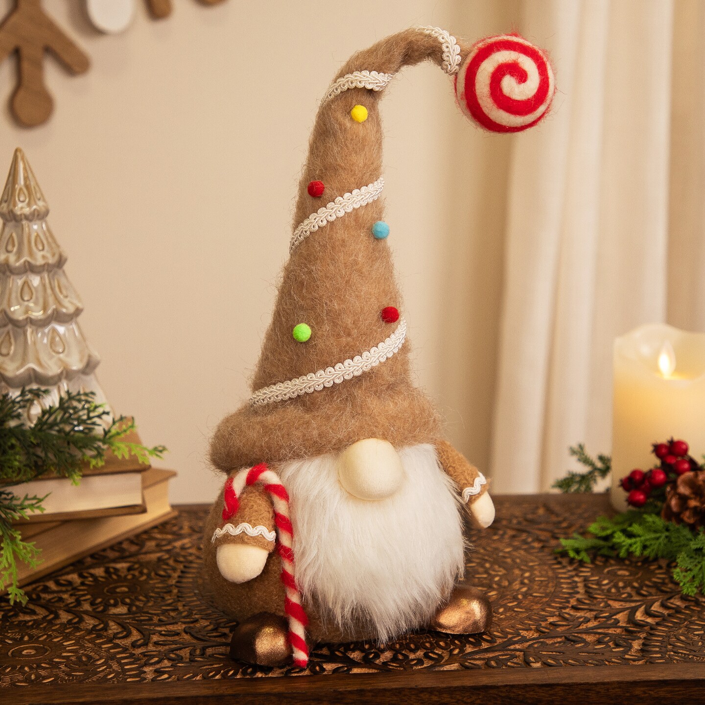 Northlight Gingerbread and Candy Gnome Christmas Decoration - 17" - Beige and White