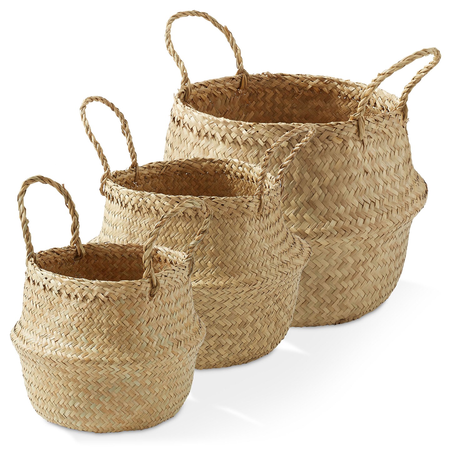 Casafield Seagrass Belly Baskets with Handles, Natural Woven Storage Basket Planters, Round Folding Bins for Home Decor, Indoor Plant Pot Covers