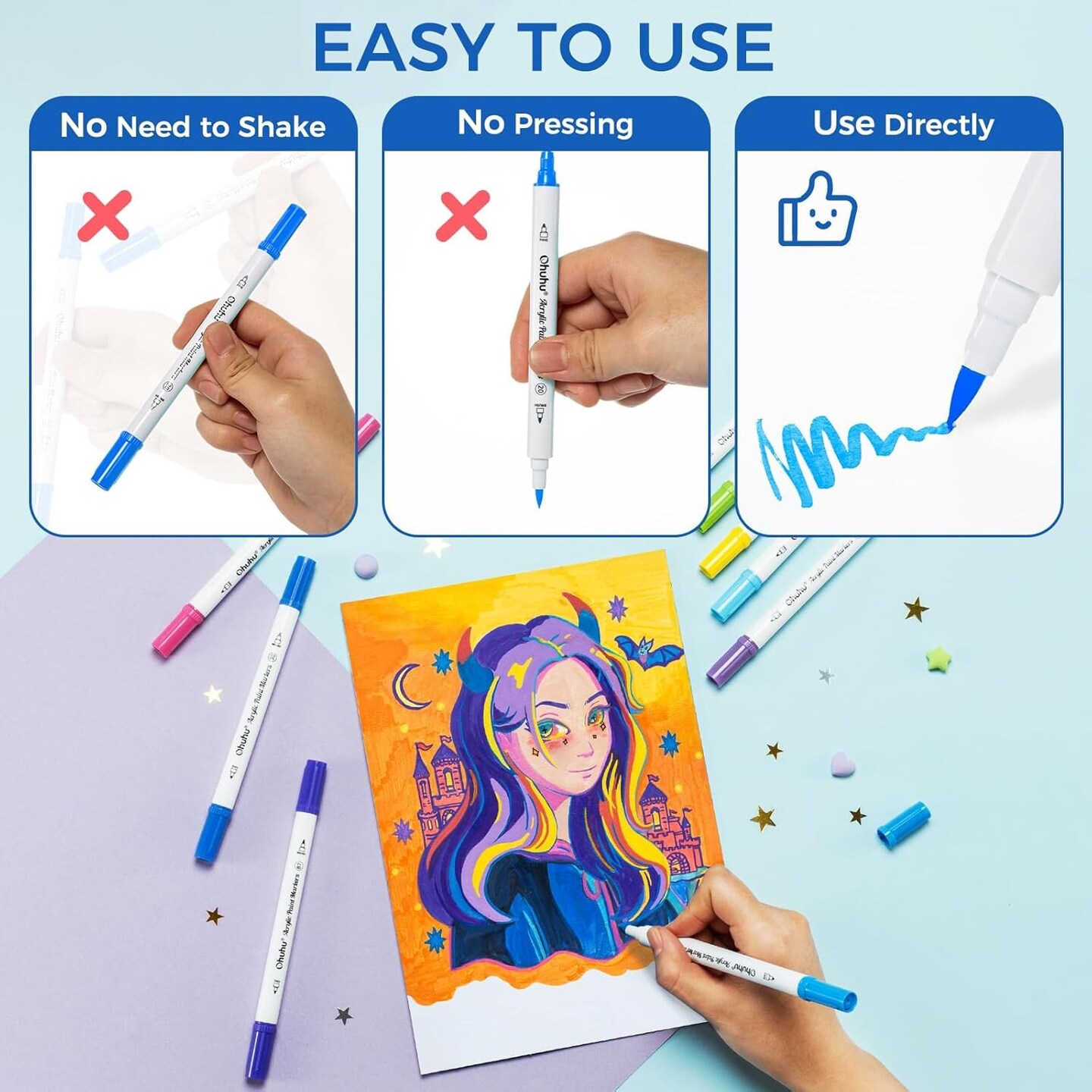 Ohuhu Acrylic Paint Markers Dual Tips: 72 Colors Paint Pens High Opacity Acrylic Markers Waterproof Lightfast for Christmas Gifts Rock Painting 3D Prints Egg Wood Glass Ceramic DIY Crafts - Brush & Dot/ Fine & Dot/ Brush & Fine