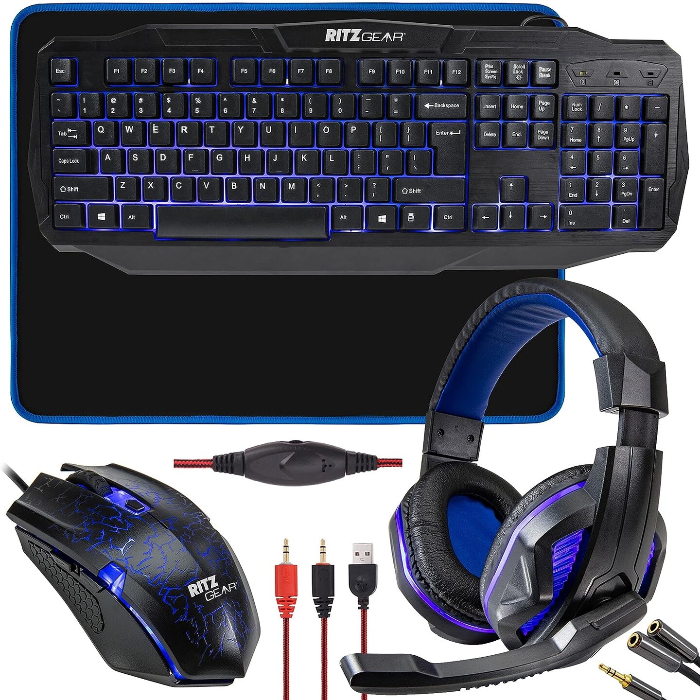 Ritz Gear 4-in-1 LED Backlight Gaming Kit (Blue) — Keyboard, Mouse, Headset & Mouse Pad Bundle