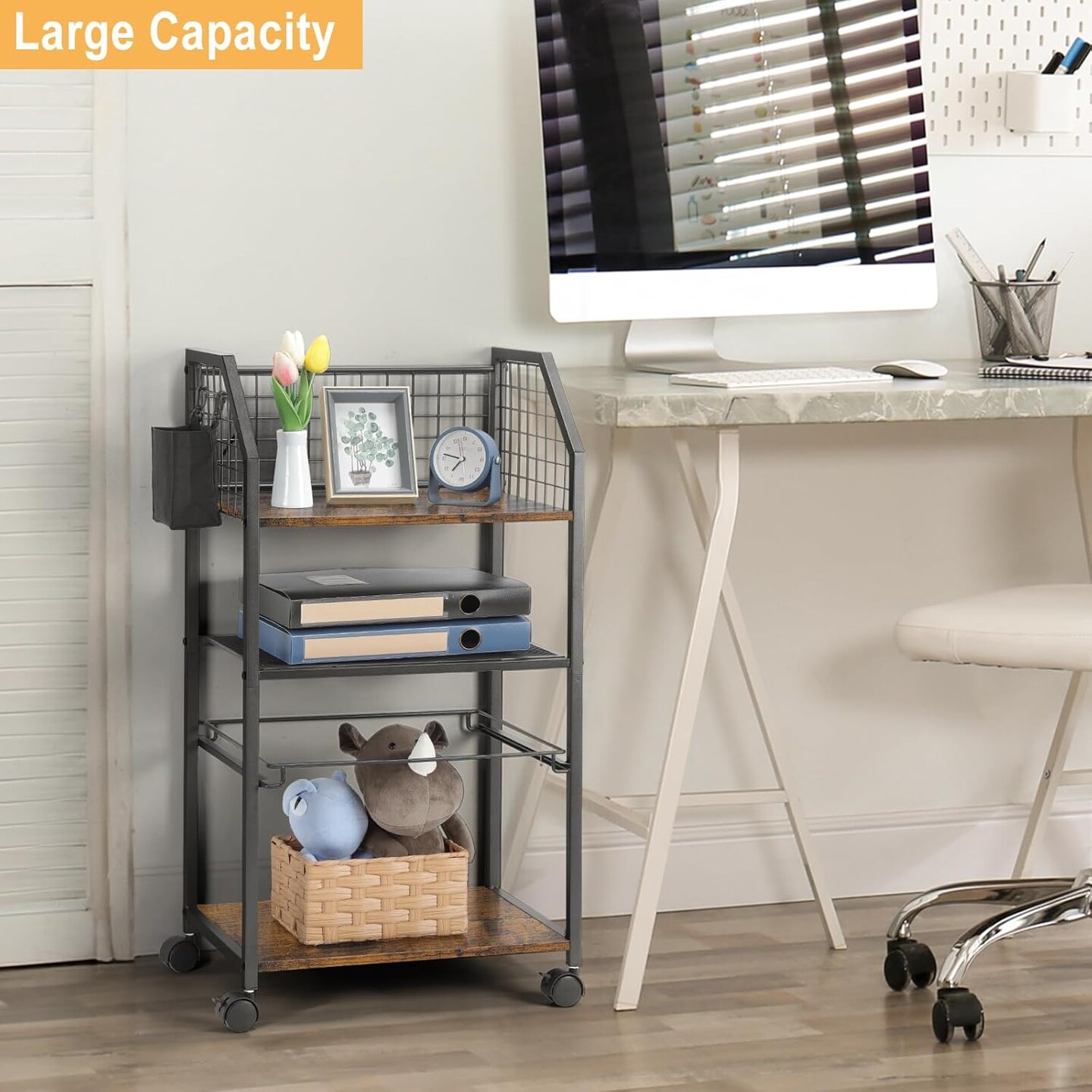 3-Tier Rolling File Cart with Lockable Wheels - Under Desk Organizer, Hanging File Rack for Letter Size, Mobile Office Storage for Home, School, Brown