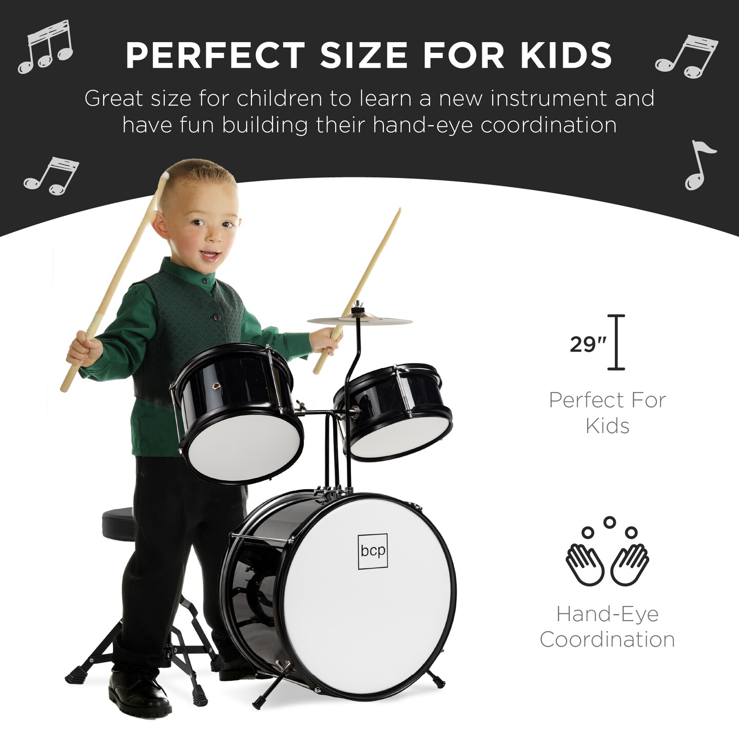 Best Choice Products Kids Beginner 3-Piece Drum, Musical Instrument Set w/ Sticks, Cushioned Stool, Drum Pedal