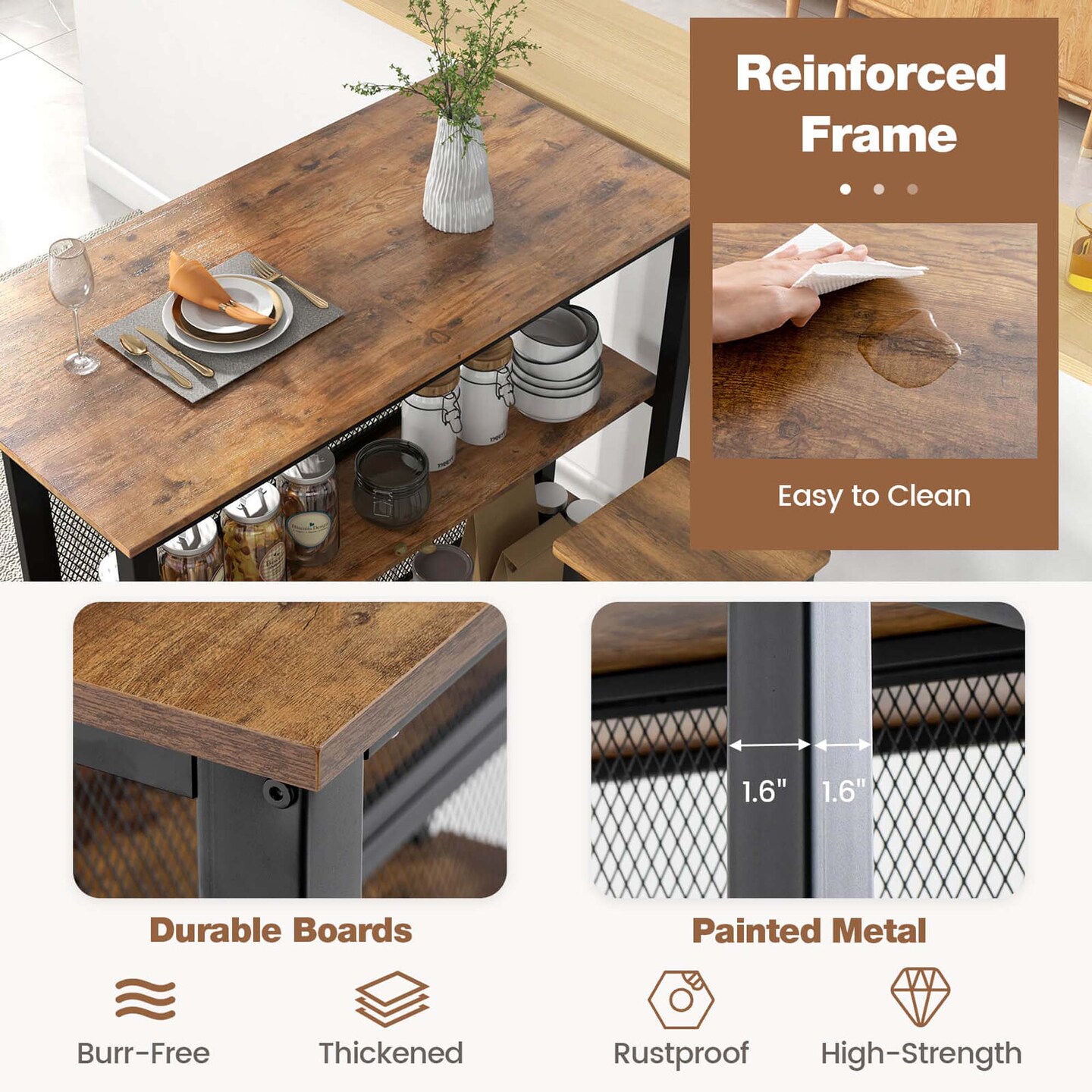 Costway 36" Tall 3-Tier Bar Table with Storage Metal Frame Adjustable Foot Pads Rustic Brown/Grey