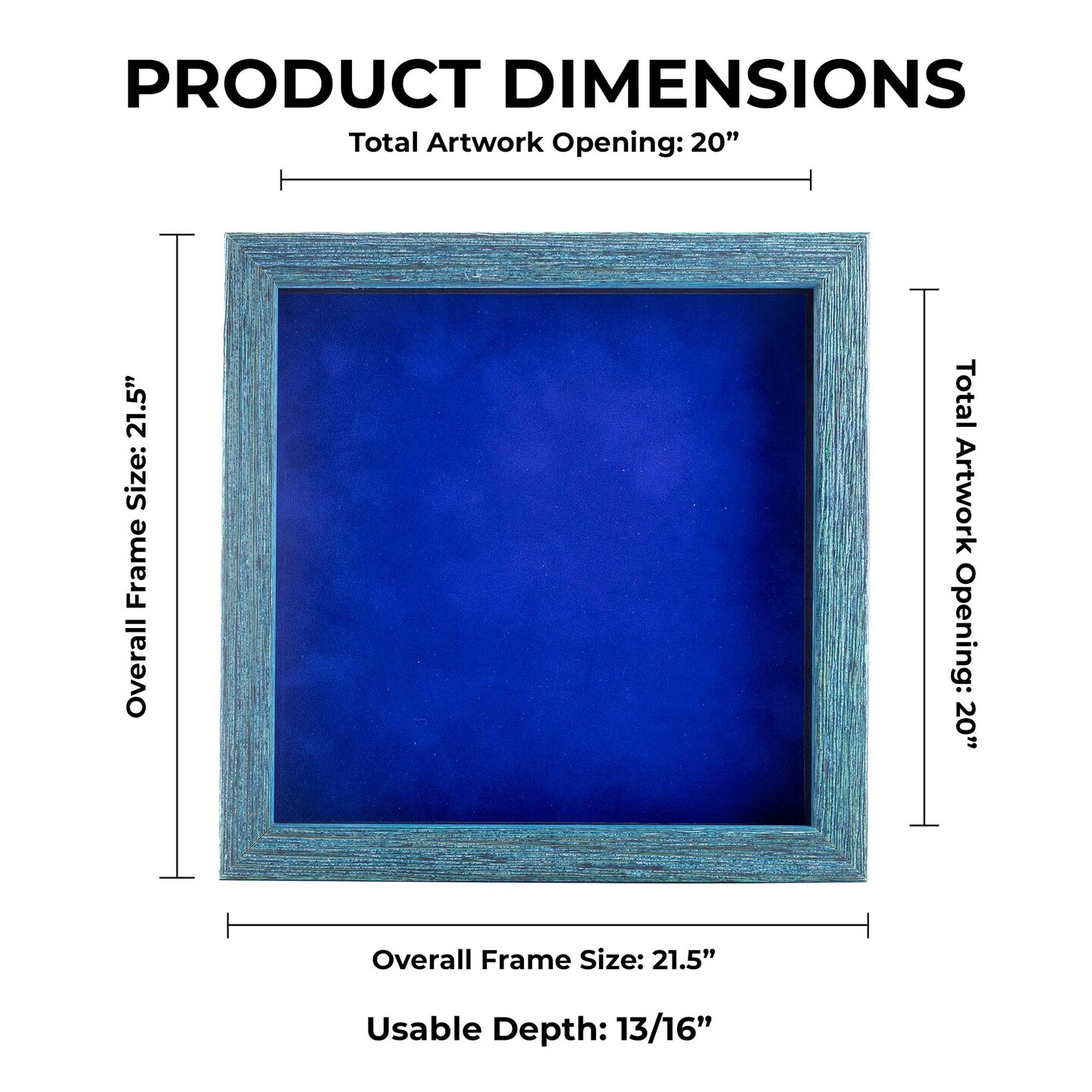 Rustic Blue Wood Shadow Box Frame with Acrylic Front - Royal Blue Suede Backing, 30 Sizes