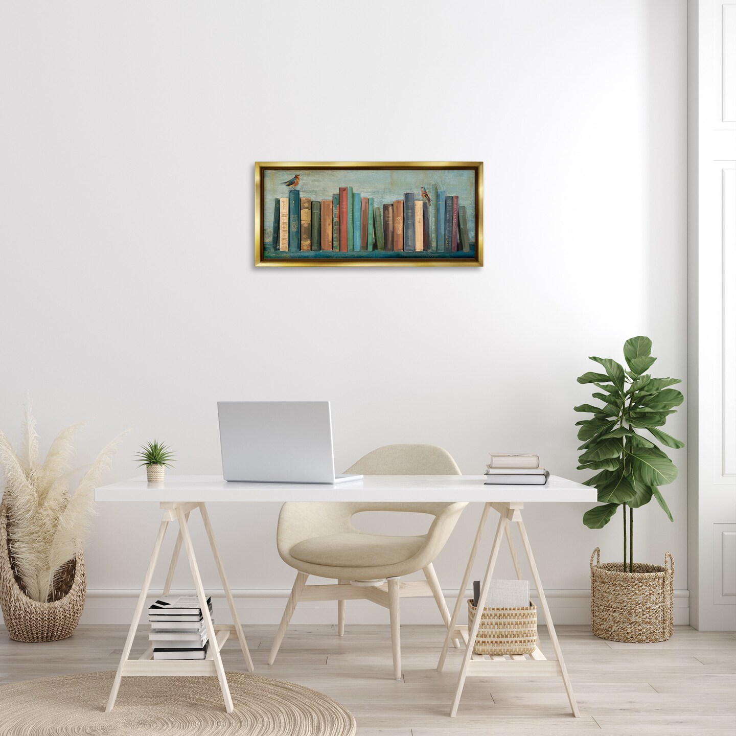 Stupell Industries Books And Birds Bookshelf Painting Framed Floater Canvas Wall Art