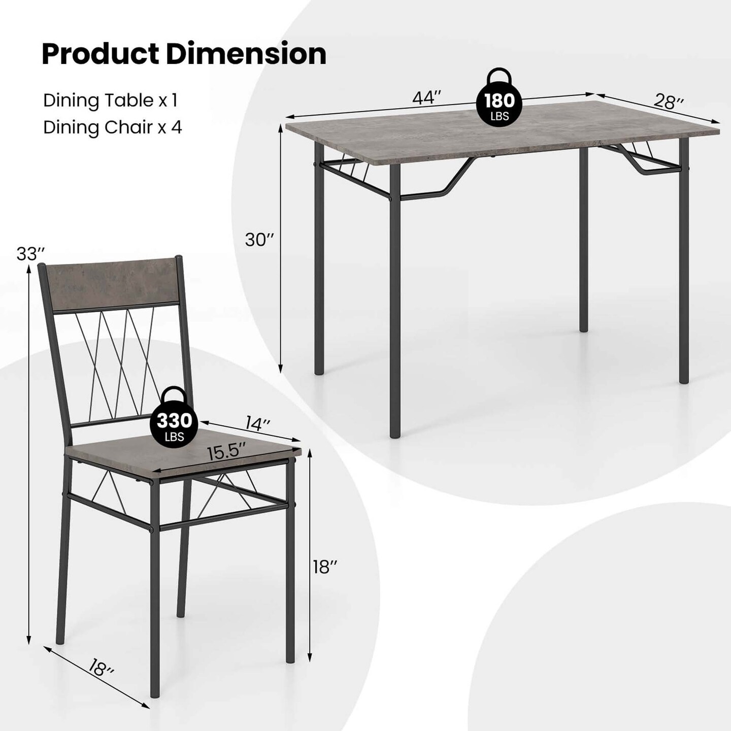 Costway 5PCS Dining Table Set for 4 Rectangular Kitchen Table & 4 Chairs with Metal Frame Cement Gray/Black