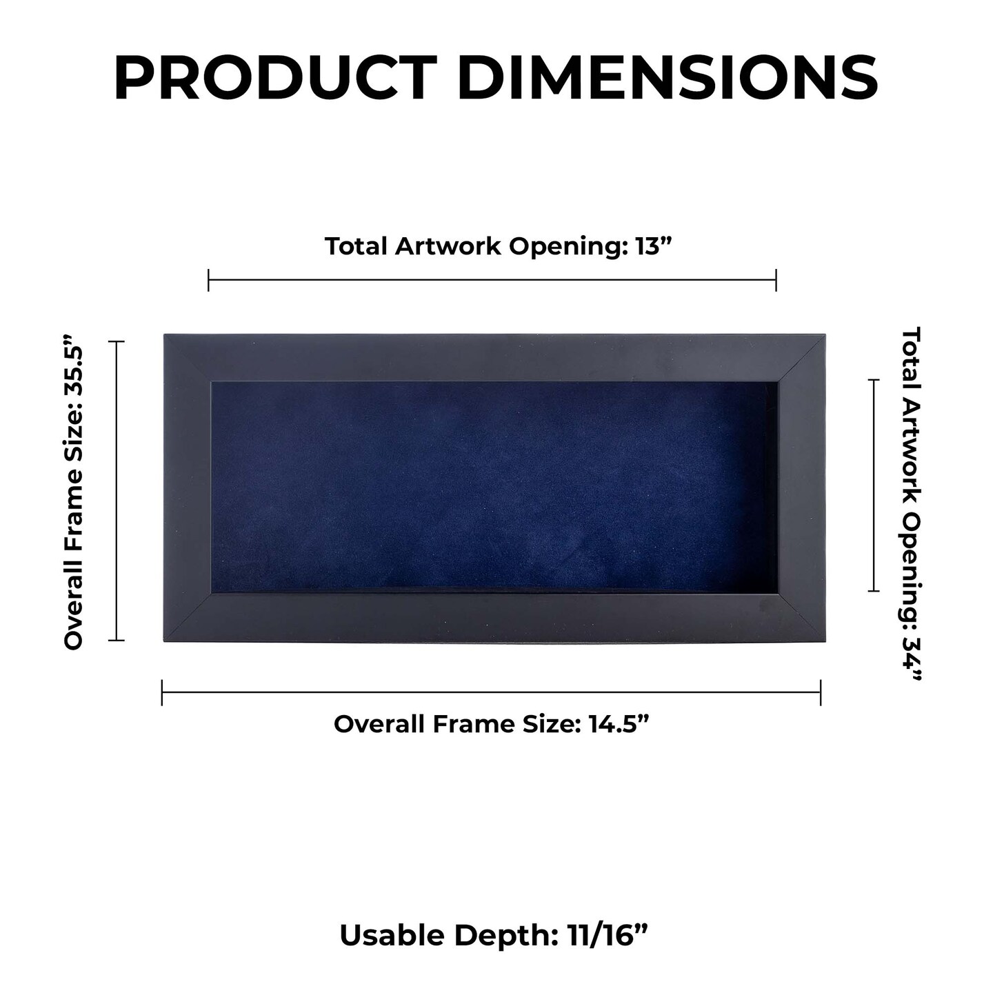 Classic Black Wood Shadown Box Frame with Acrylic Front - Navy Blue Suede Backing, 30 Sizes