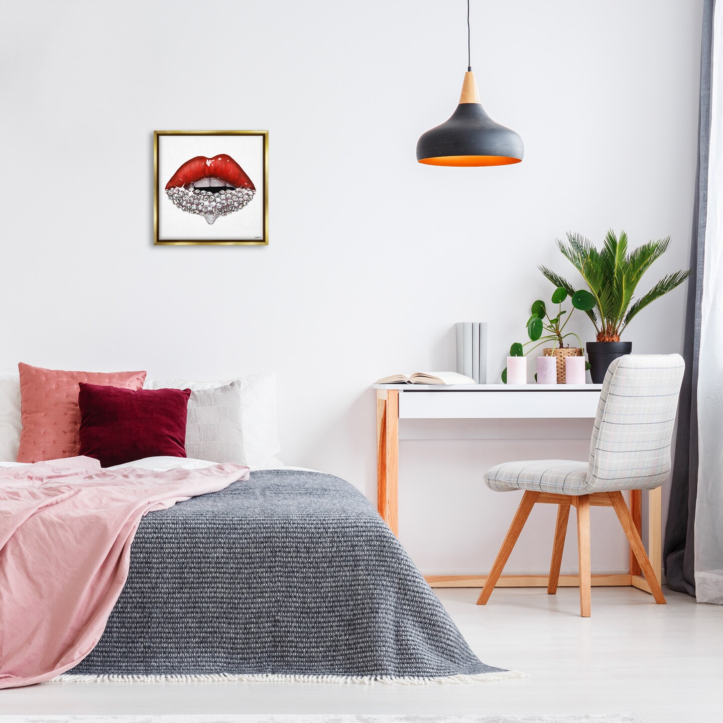 Stupell Industries Red Glam Lips with Gemstones Framed Floater Canvas Wall Art