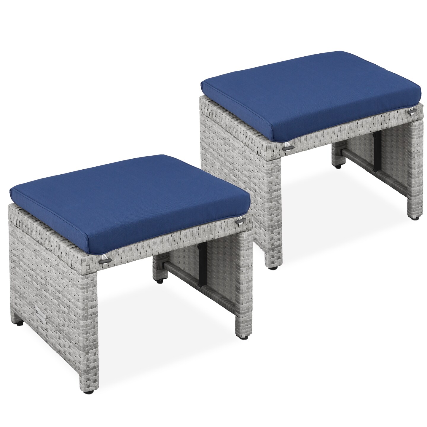 Best Choice Products Set of 2 Multipurpose Patio Wicker Ottomans w/ Removable Cushions, Steel Frame