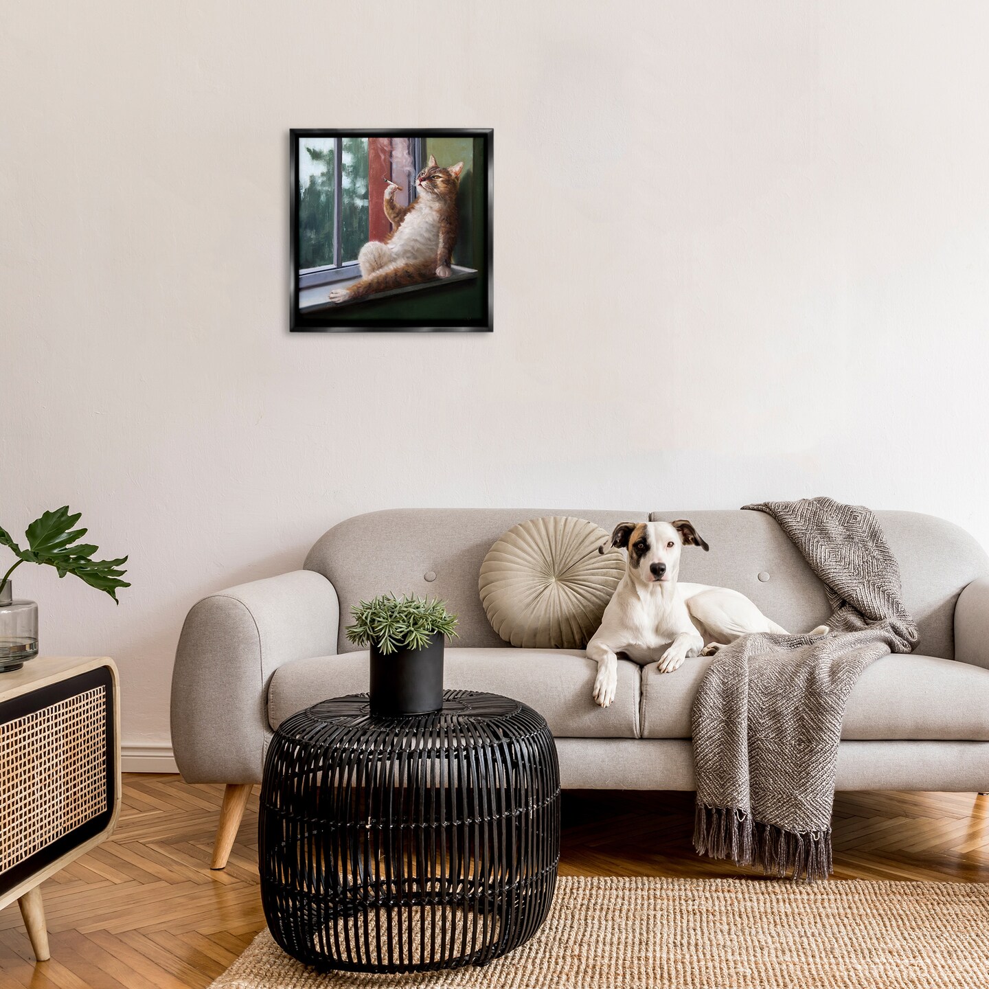 Stupell Industries Cat Smoking Lounging in Window Framed Floater Canvas Wall Art