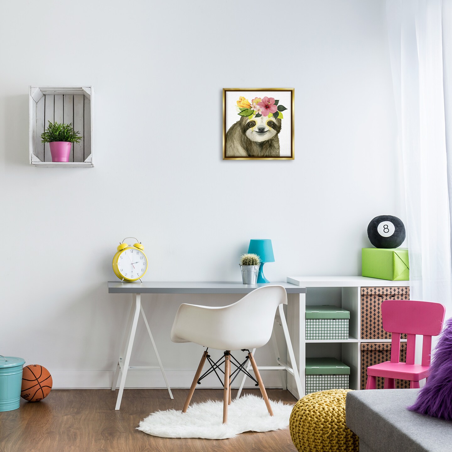 Stupell Industries Smiling Sloth in Flower Crown Framed Floater Canvas Wall Art