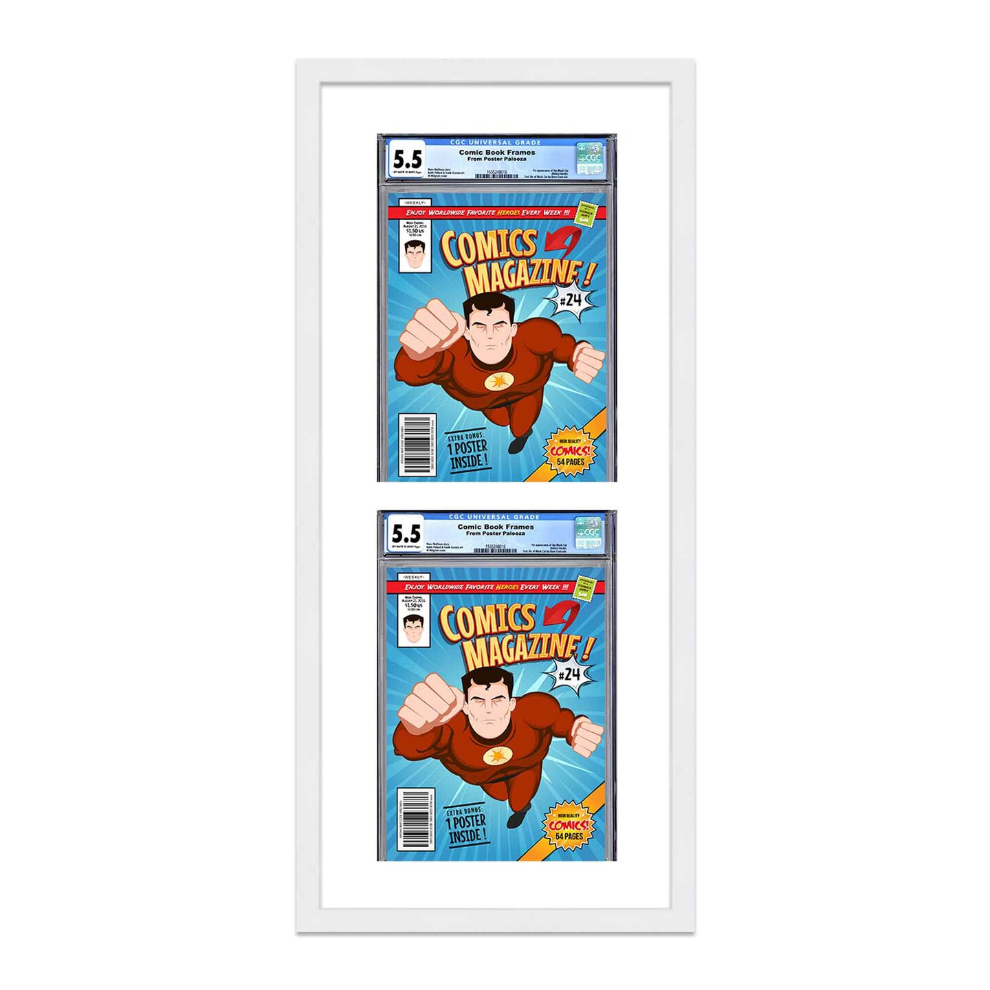 Comic Book Display Frame for Graded Comics - White Wood Comic Frame With White Mat for 8.125x13 Comics, 18 Frame Sizes