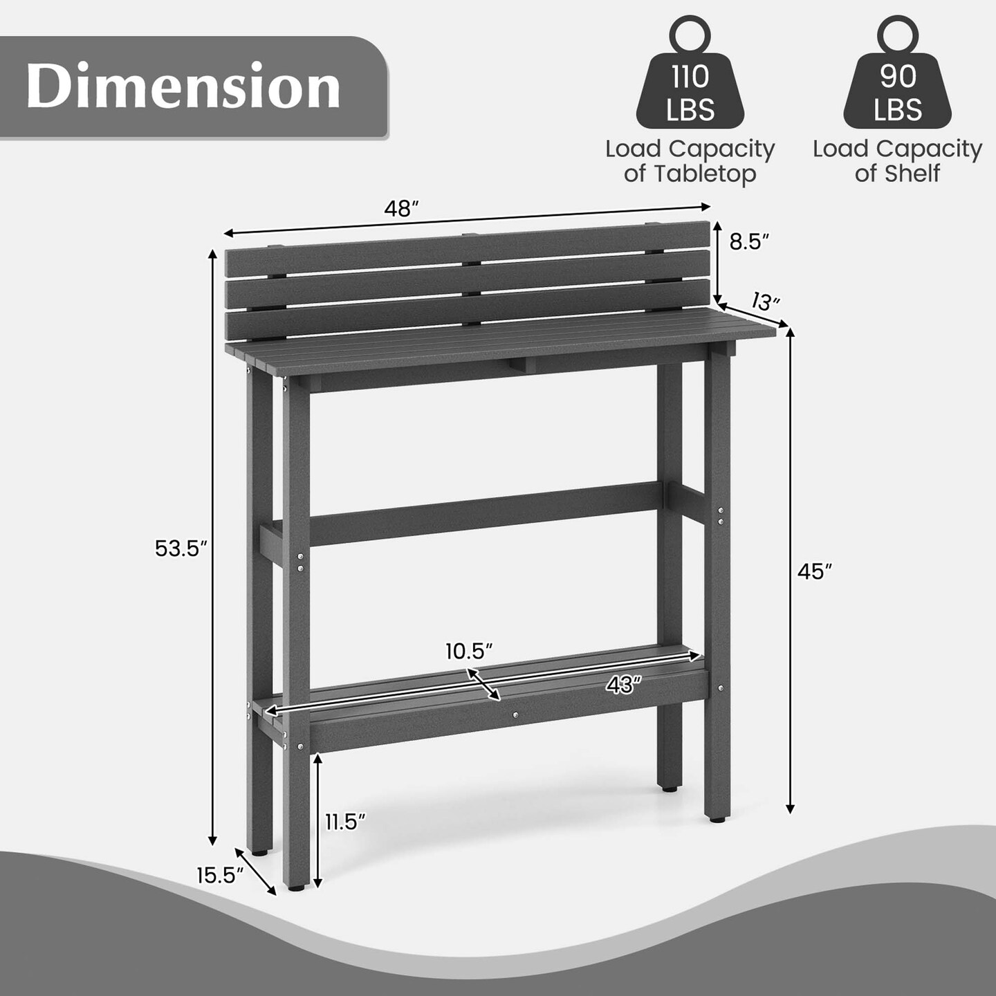 Costway 48&#x22; Outdoor Bar Table with Storage Shelf &#x26; Adjustable Foot Pads for Hot Tub Brown/Gray
