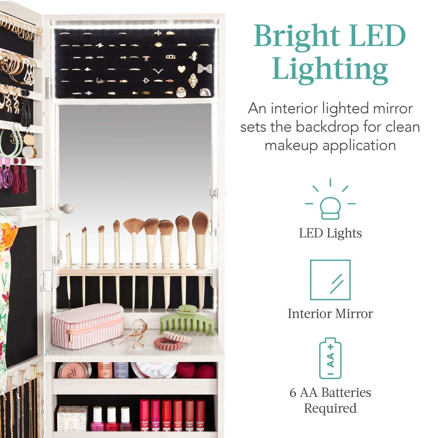 Best Choice Products Hanging Mirror Jewelry Armoire, Door or Wall Mounted Cabinet w/ LED Lights, Lock