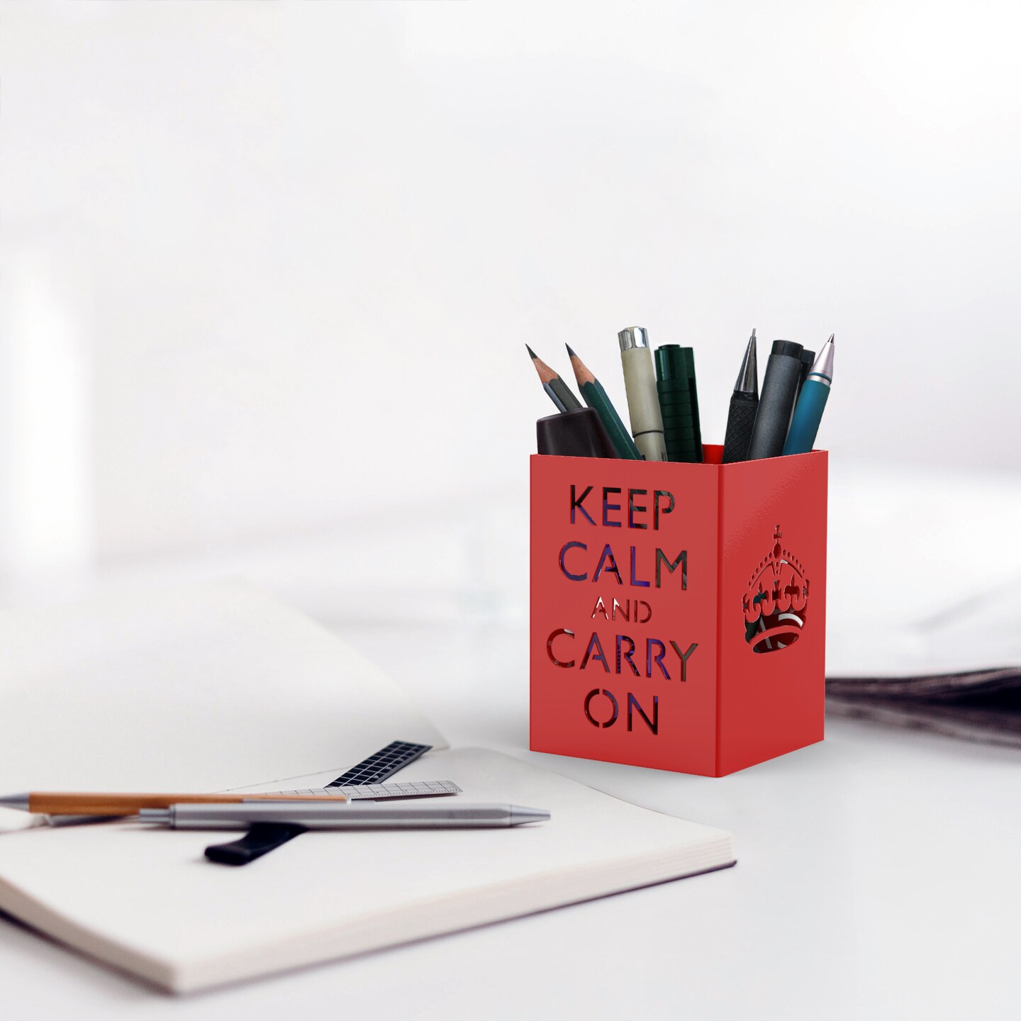 Mango Steam Tabletop Metal Keep Calm Pencil Cup Holder, Organizer