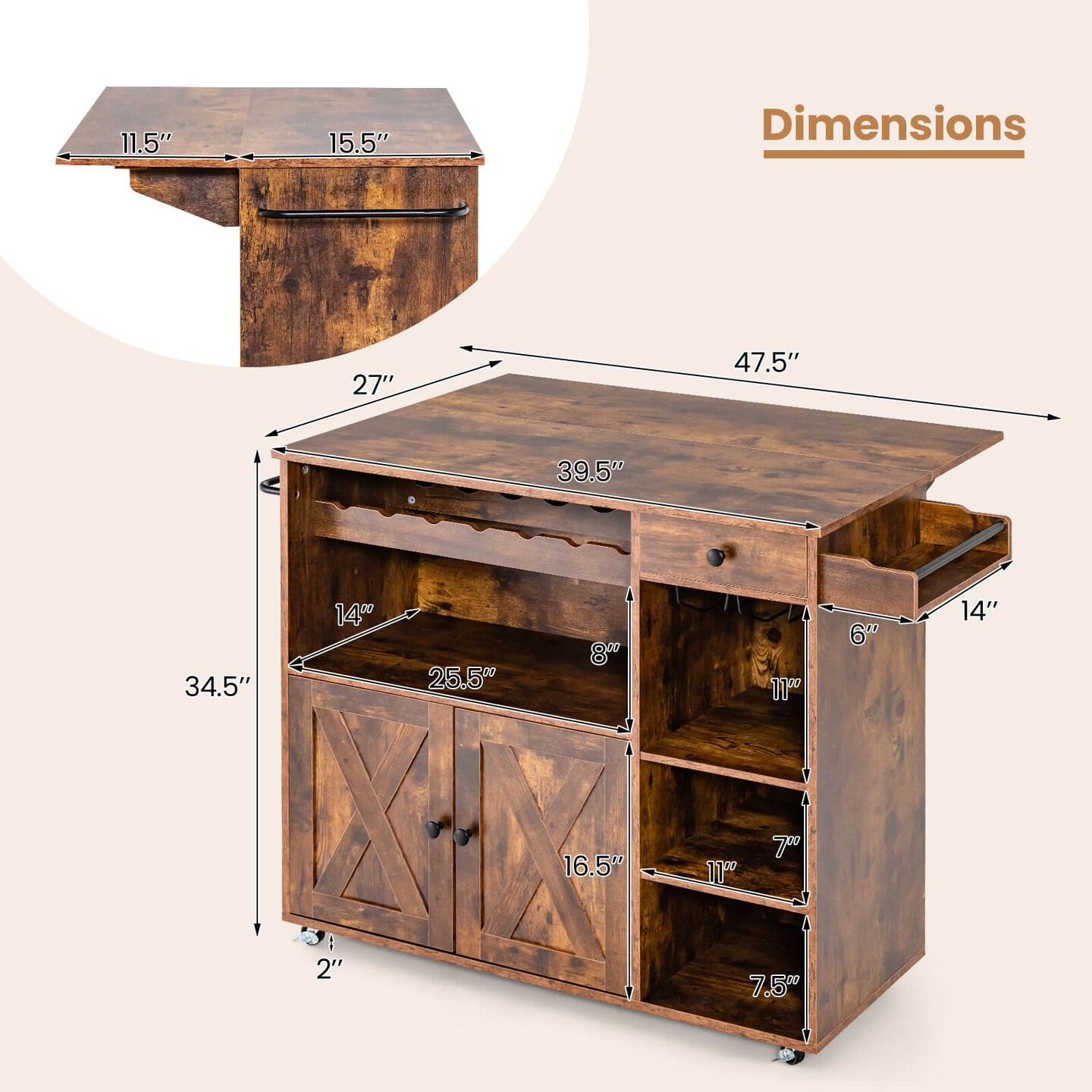 Costway Rolling Kitchen Island Cart with Drop Leaf Wine Rack Stemware Holder Rustic Brown