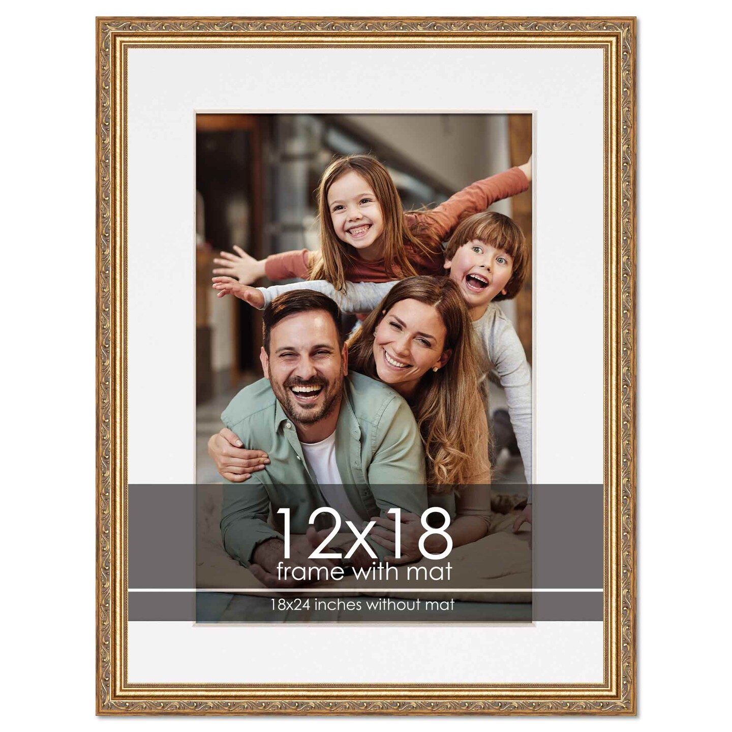 Antique Gold Frame with White Photo Mat, UV Acrylic Front, Foam Board Backing, 60 Sizes Available