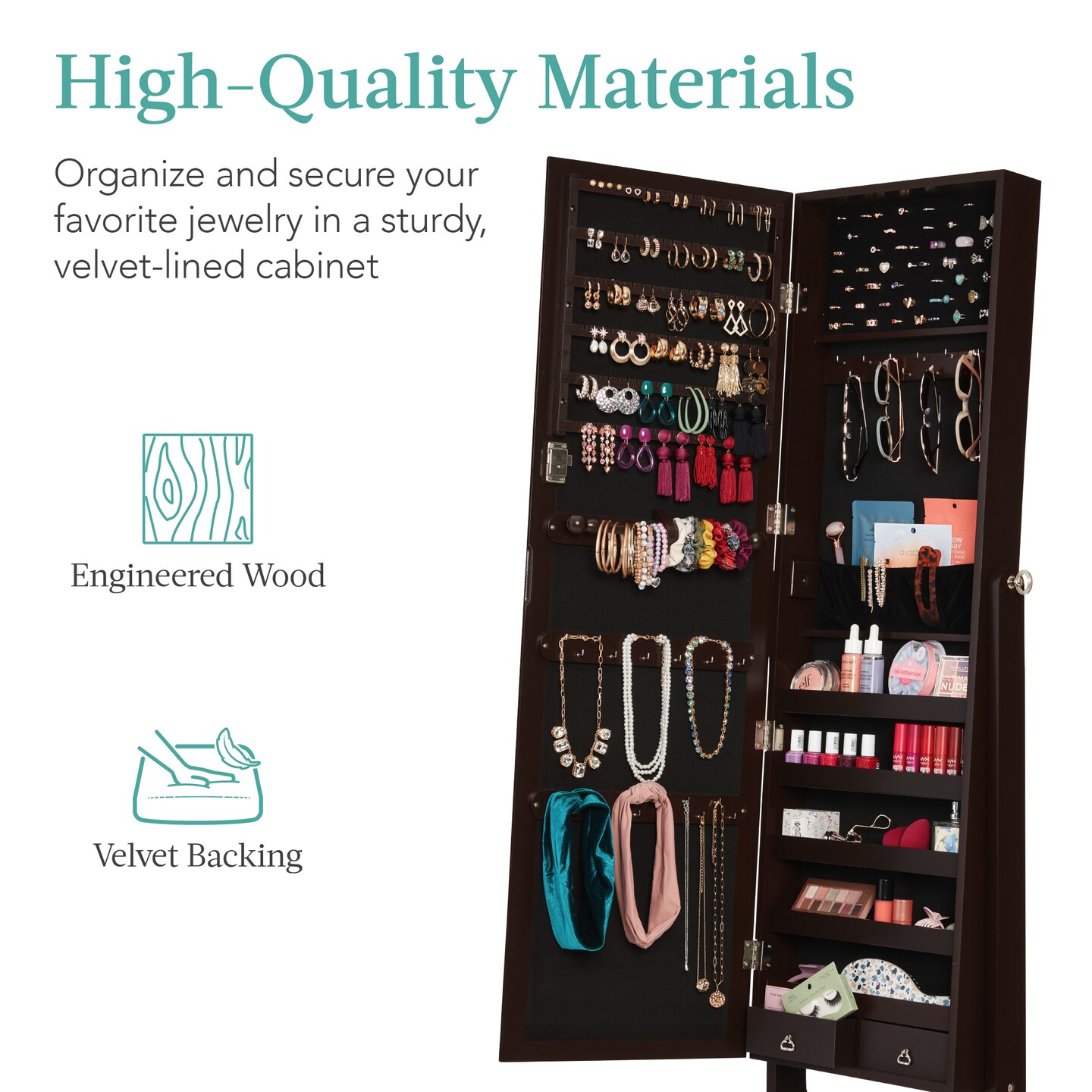 Best Choice Products Jewelry Armoire Cabinet, Full Length Mirror w/ Velvet Storage Interior, Lock