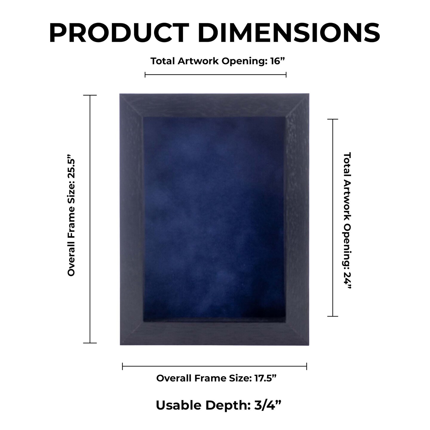 Black Wood Grain Shadow Box Frame with Acrylic Front - Navy Blue Suede Backing, 30 Sizes