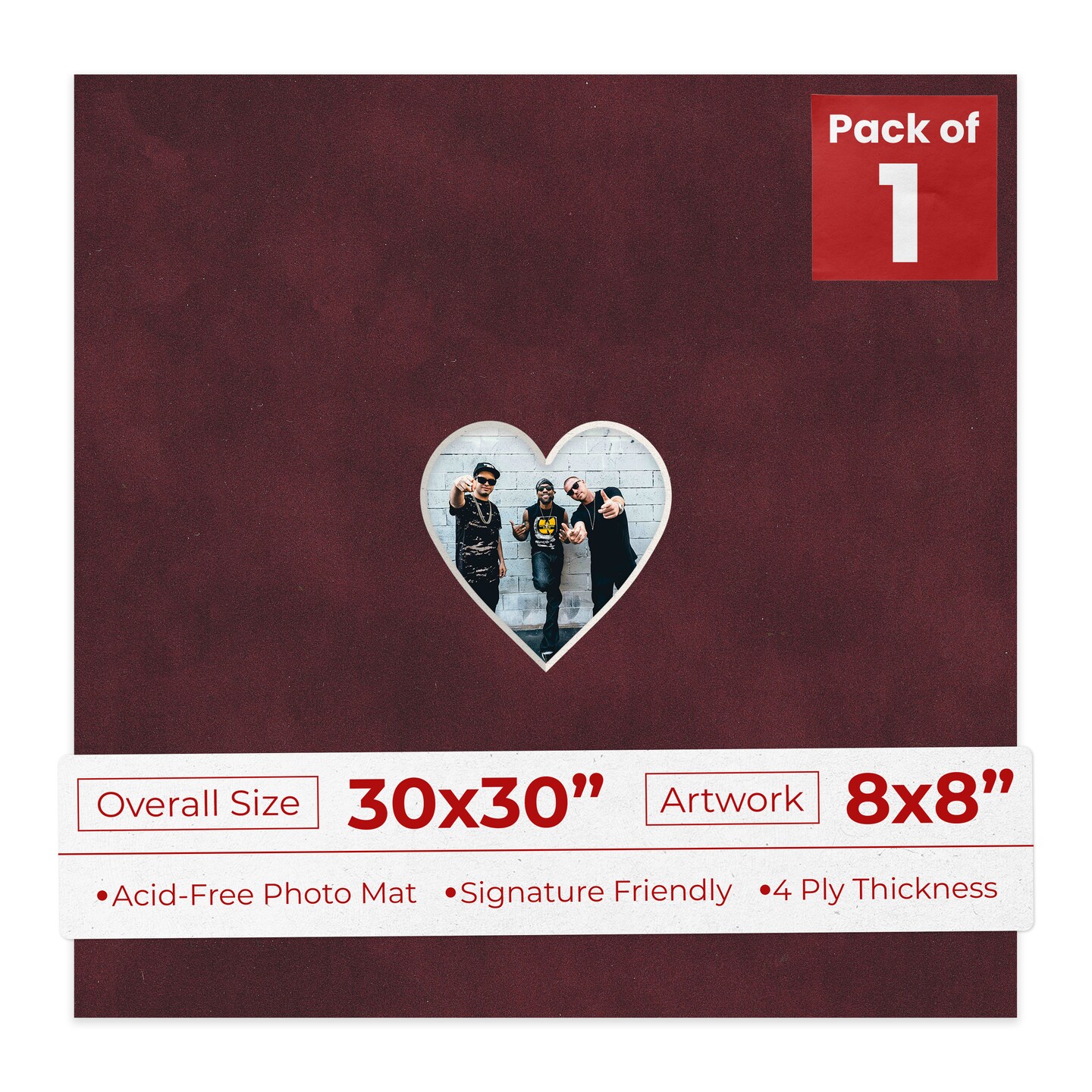 Dark Red Suede Mat Board for 30x30 Frames - Heart Opening for 8x8 Photos