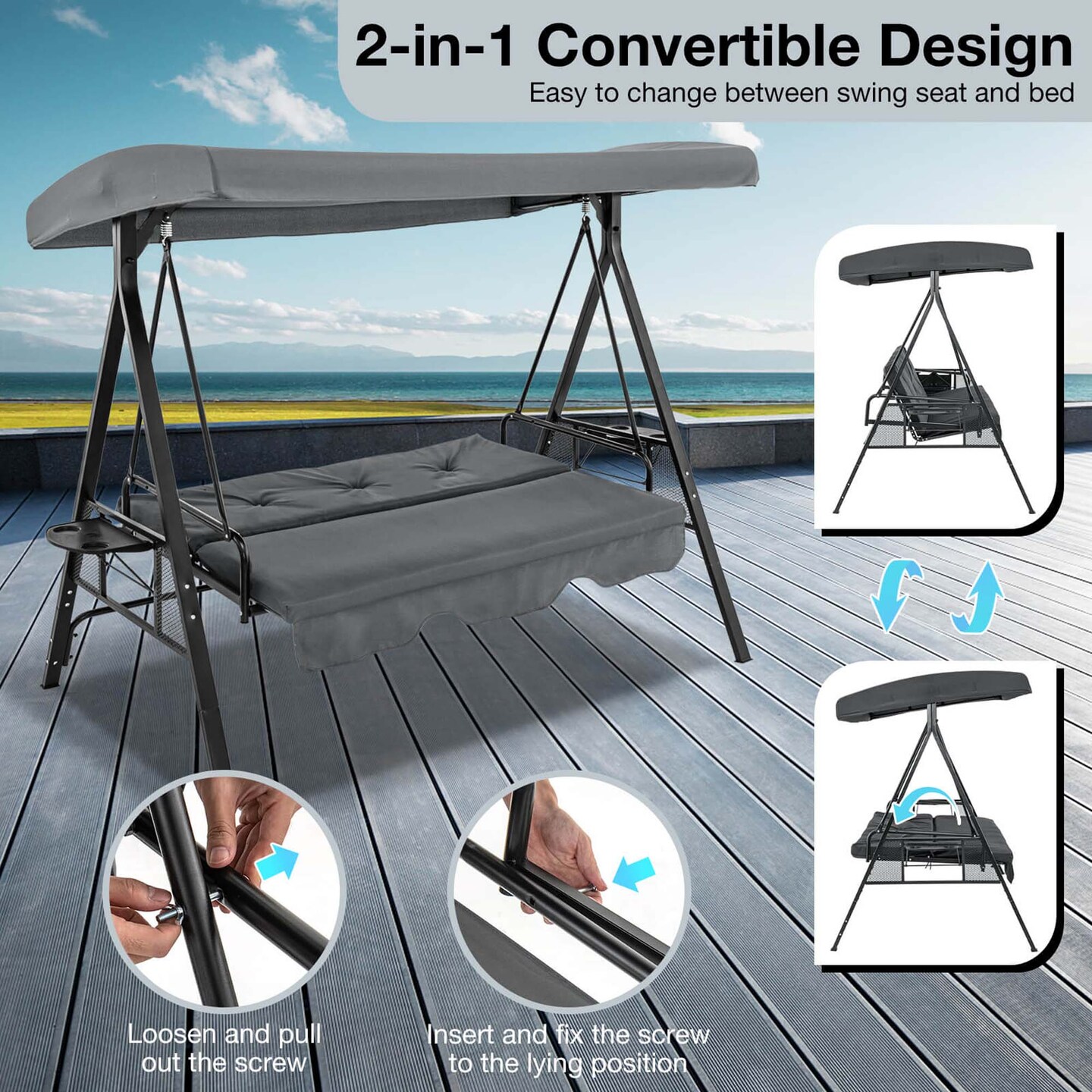 Costway 3-Seat Patio Porch Swing withAdjustable Canopy Soft Seat Back Cushions Side Tables Brown/Grey