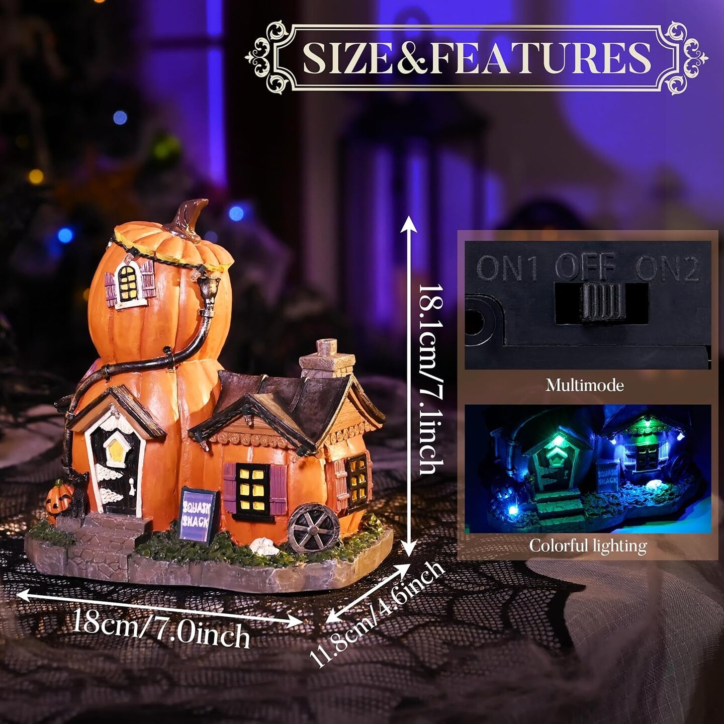 Halloween Village Decorations Indoor, 7Inch Lighted Vintage Halloween Pumpkin Haunted House Resin Statues with Music and Light for Table Yard Garden Outdoor Home Party Decor
