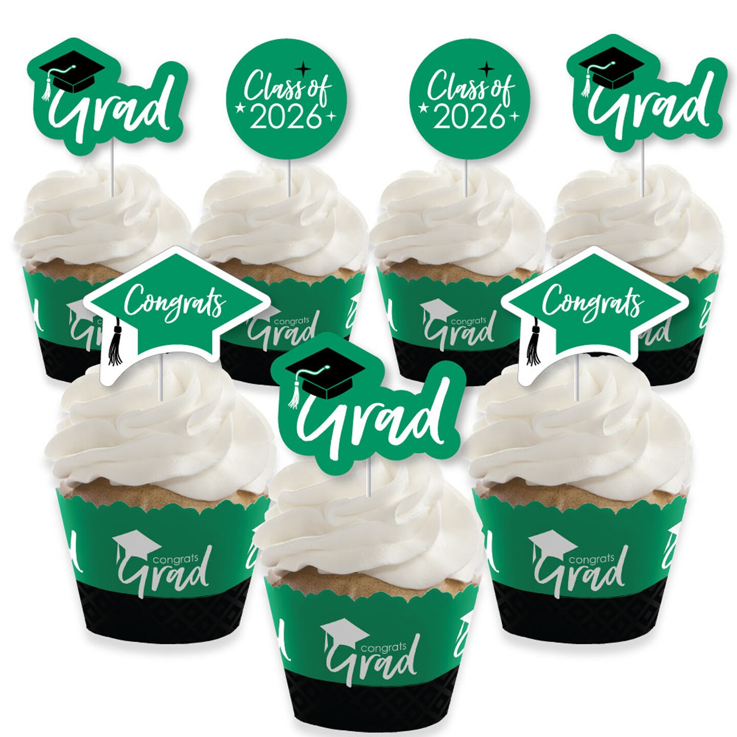 Big Dot of Happiness 2026 Green Graduation Cupcake Decoration - Party Cupcake Wrappers and Treat Picks Kit - Set of 24