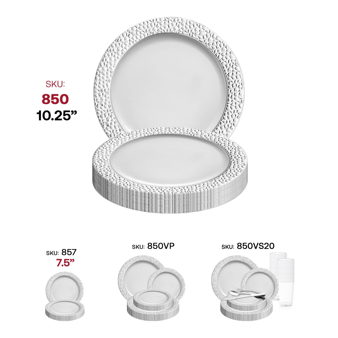 White with Silver Hammered Rim Round Plastic Dinner Plates - 10.25&#x22; (120 Plates)