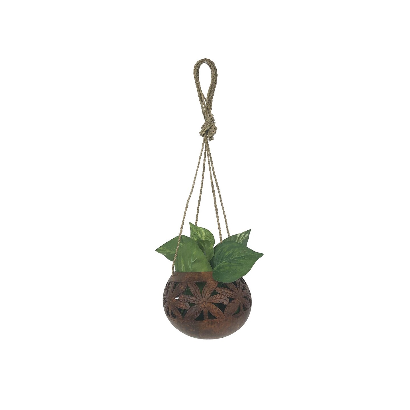 4.75&#x22; Coco Palm Frond Carved Hanging Wood Planter Coastal Decor