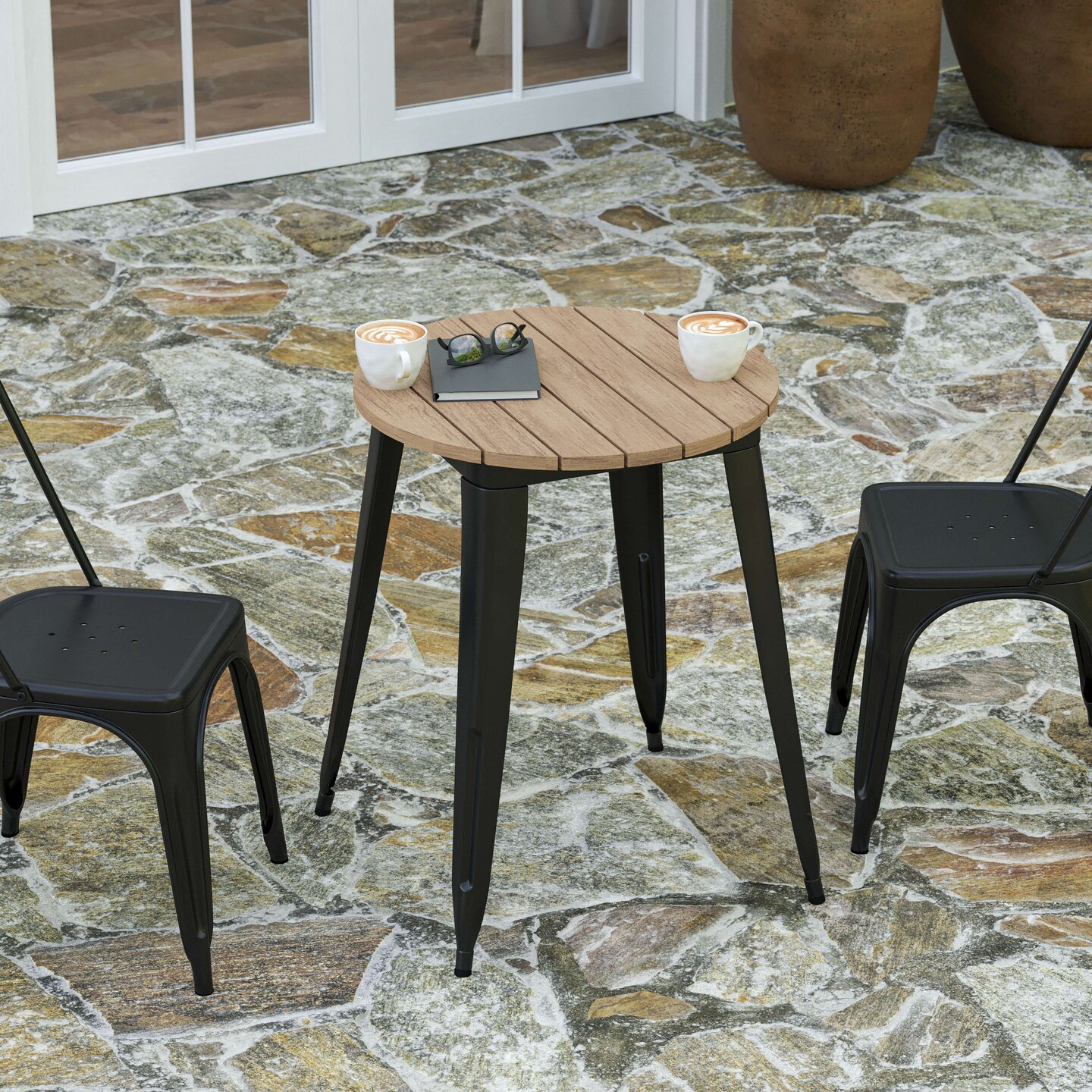 Merrick Lane Dryden Indoor/Outdoor Dining Table, 23.75" Round All Weather Poly Resin Top with Steel Base