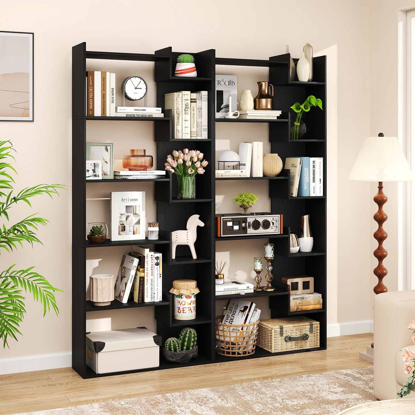 Wooden 6-Tier Bookshelf with Wall Anchor Kit and Open Shelves for Living Room