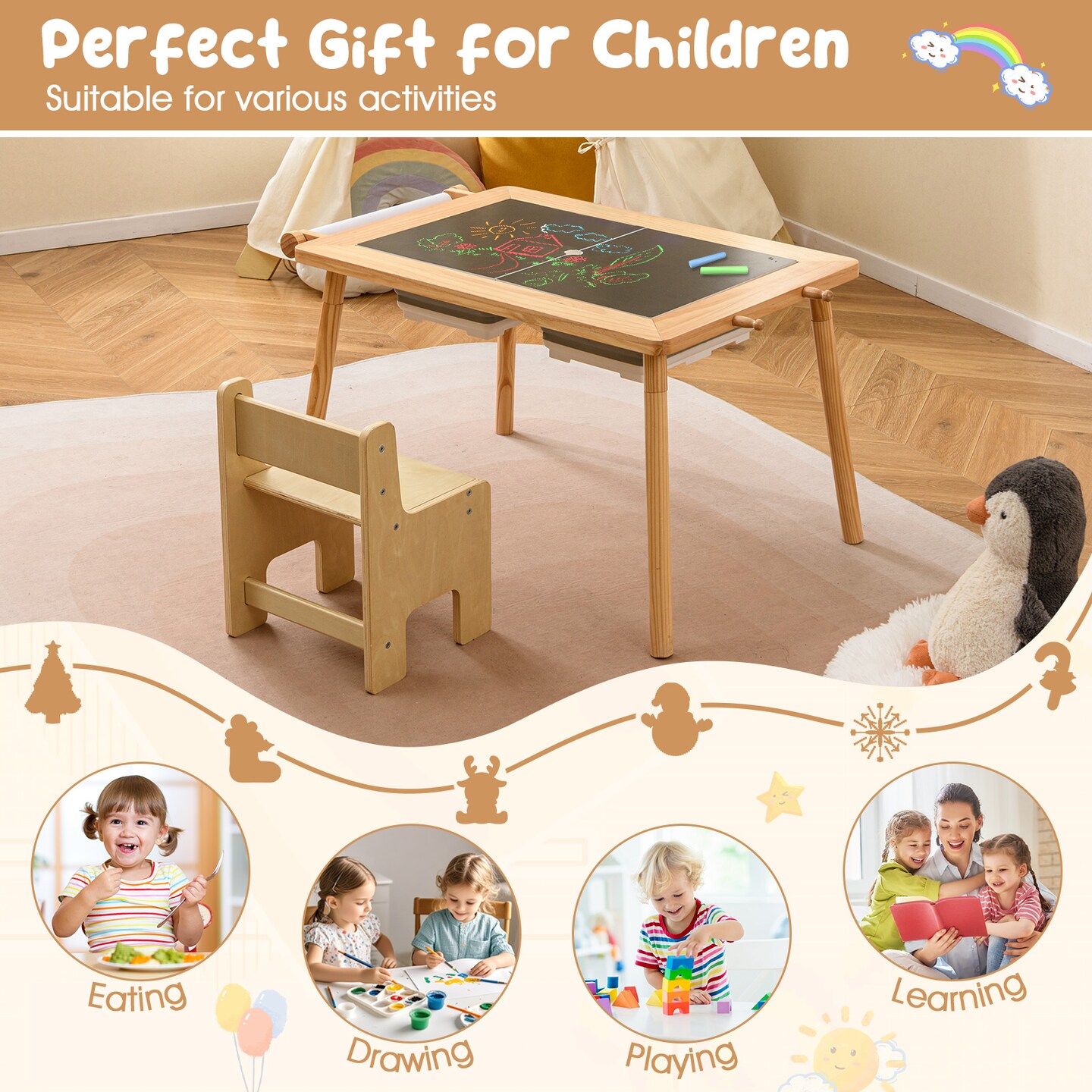 Multi-Function Kids Table and Chair Set with Chalkboard and Whiteboard