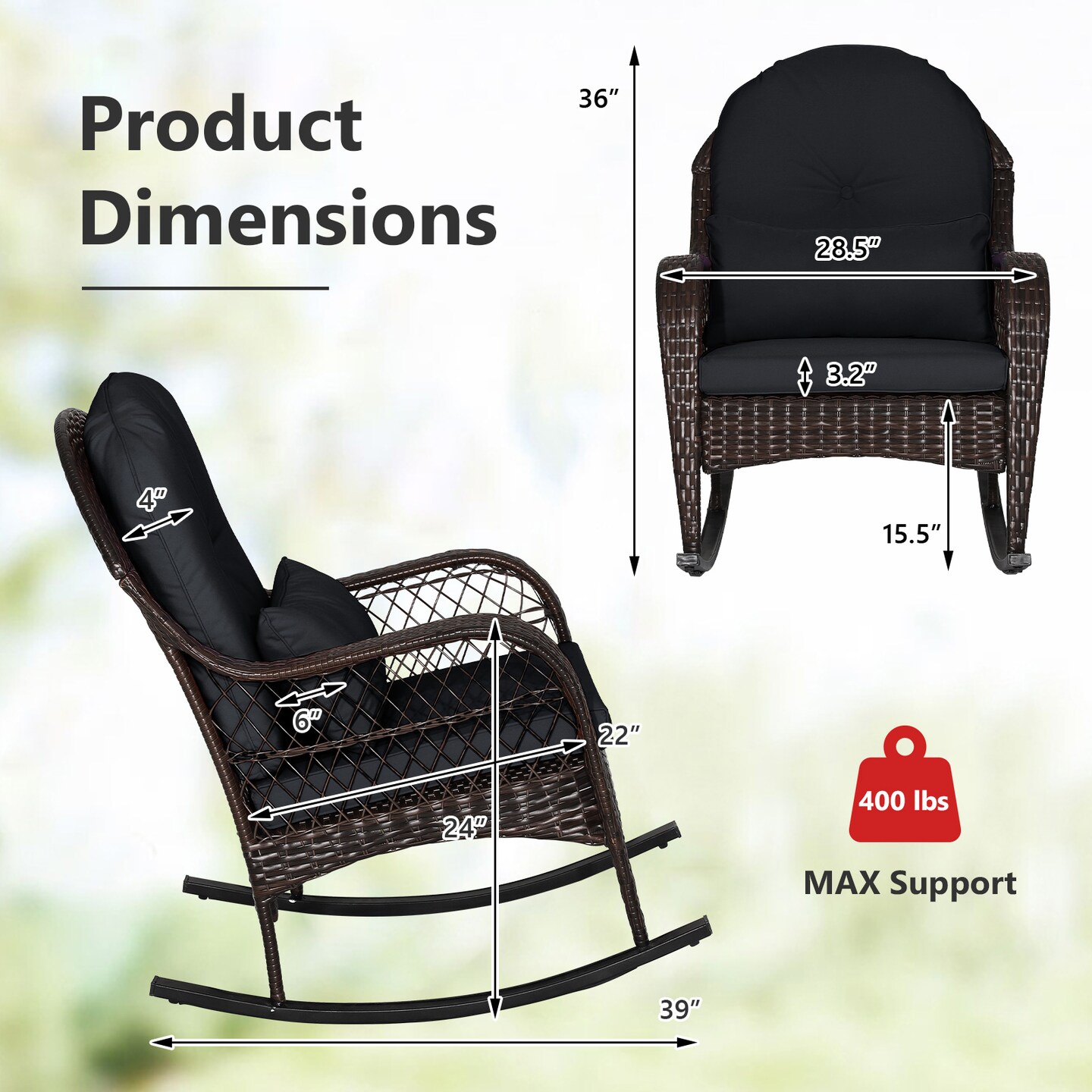 Outdoor Rattan Rocking Chair with Cushions for Porch or Garden Use