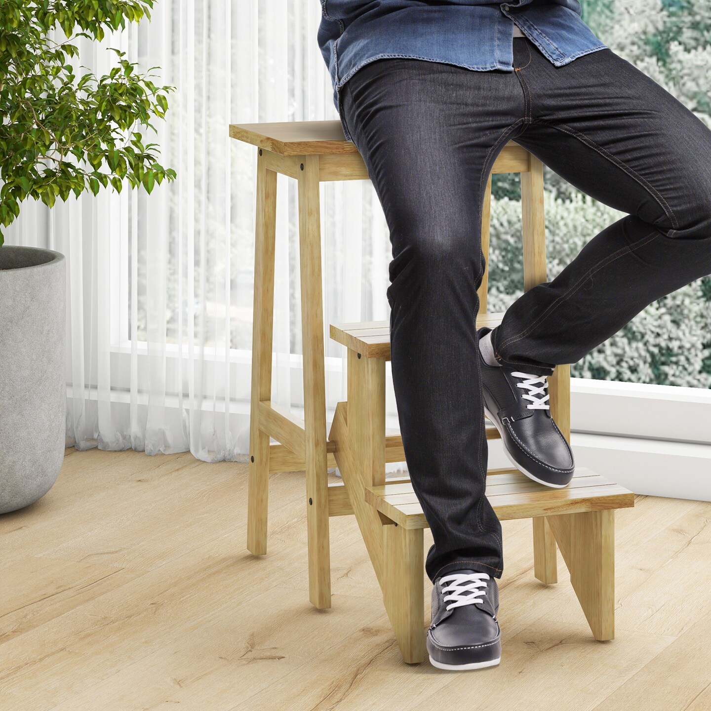 Natural Rubber Wood 3-in-1 Step Ladder, Stool and Plant Stand with Anti-Slip Pedals