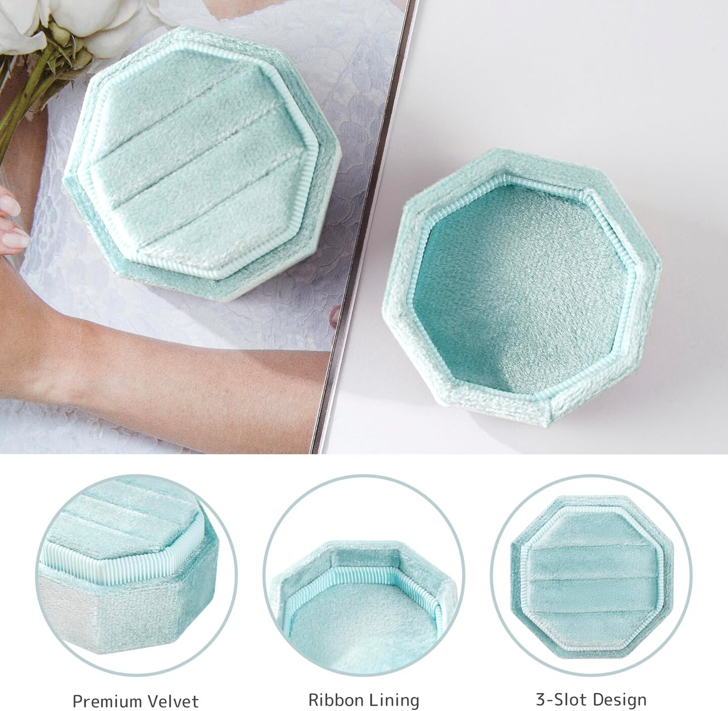 Proposal Ring Storage Box 3 Slots Vintage Velvet Ring Organizer with Detachable Lid Valentine&#x27;s Day Ring Box (Baby Blue)