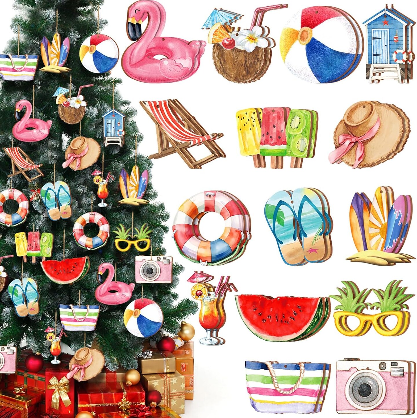 30 Pcs Summer Tree Ornaments Hawaiian Wood Hanging Decoration Beach Wooden Slices Pendant Summer Tree Hanging Ornaments Gift Tags Tropical Party Decor for Luau Party Supplies