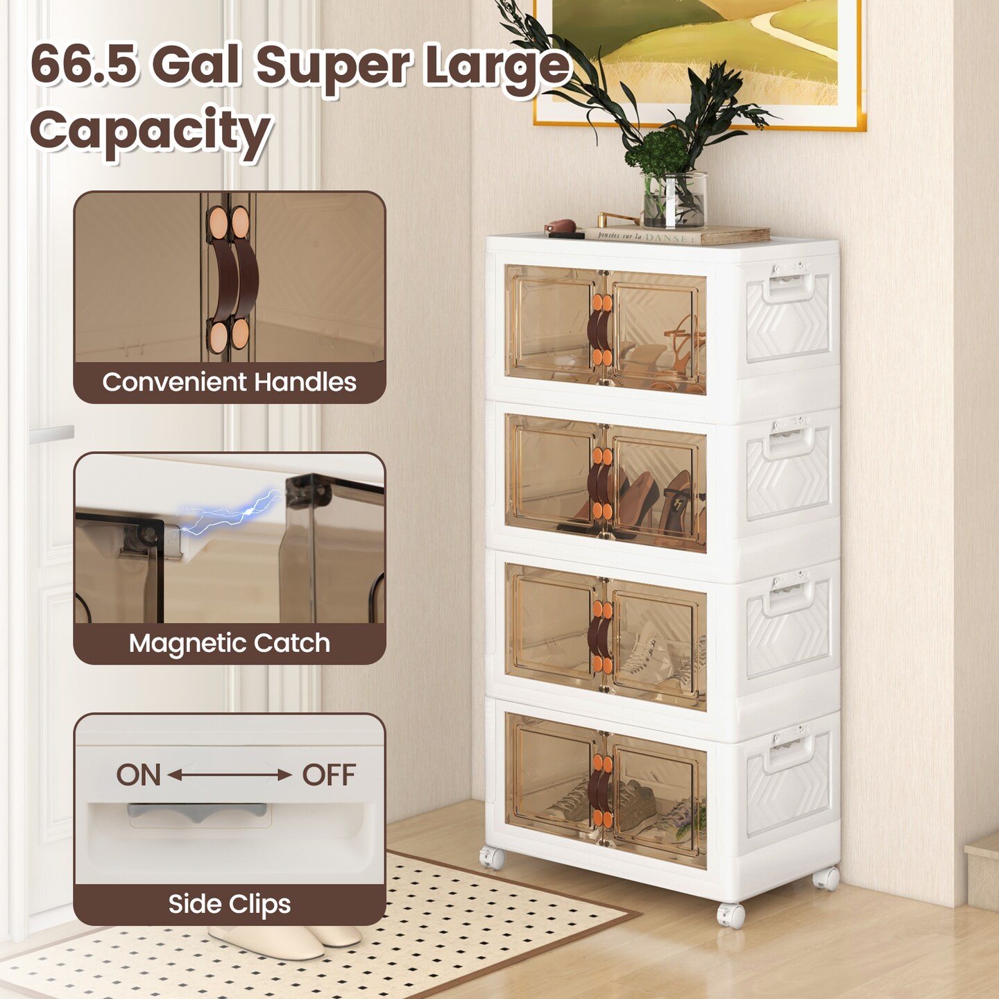 White-Brown 3 Height Adjustable Stackable Storage Bins with Foldable and Magnetic Snap Closure