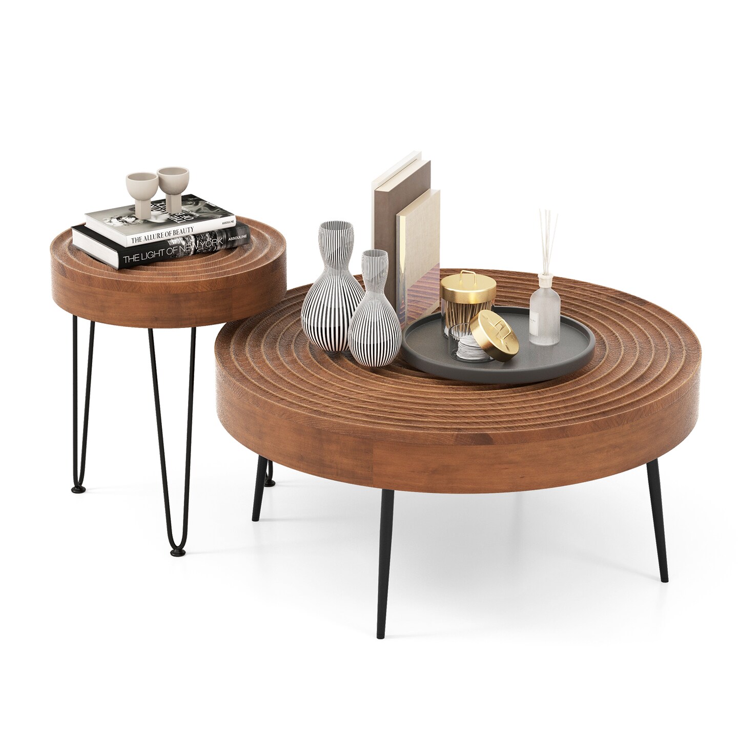Nesting Coffee Tables Set of 2 Round Wood Top for Living Room