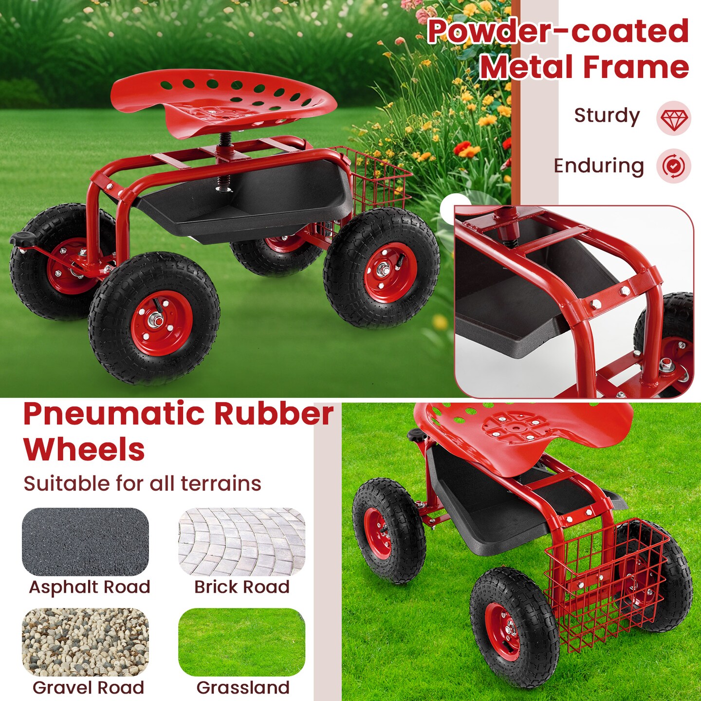 4-Wheel Outdoor Work Cart with Swivel Seat Steel Frame Tool Tray and Large Wheels for Gardening